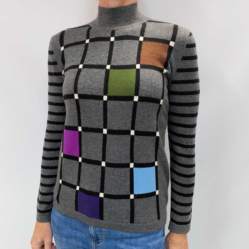 Slate Grey Patterned Cashmere Polo Neck Jumper Small