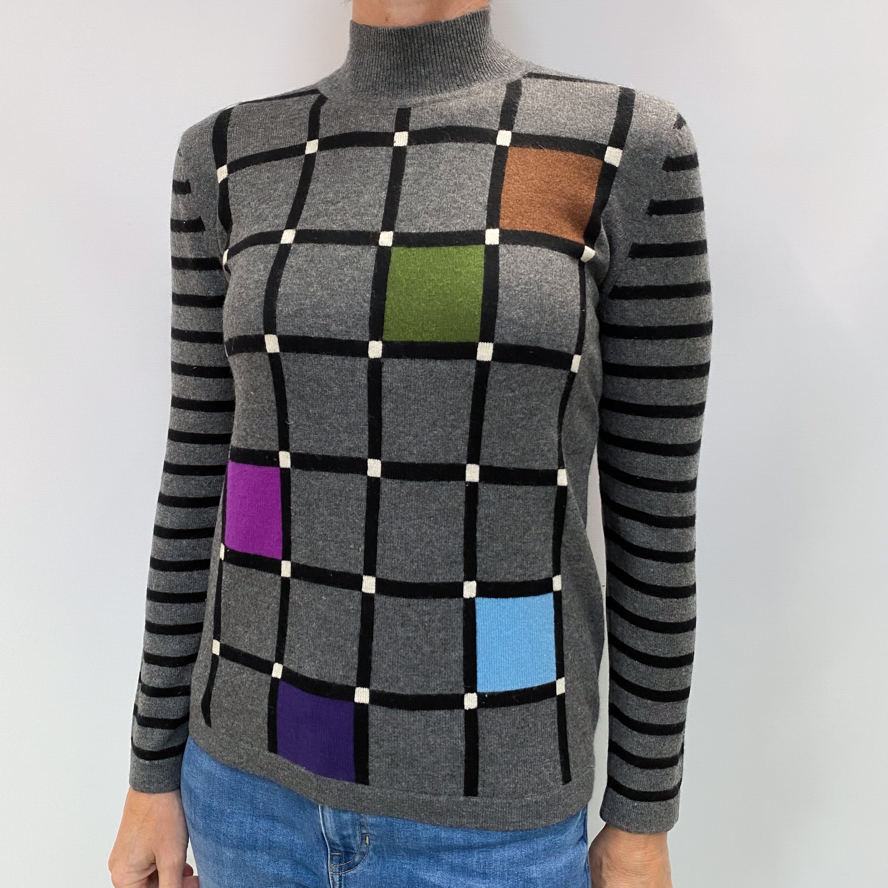 Slate Grey Patterned Cashmere Polo Neck Jumper Small