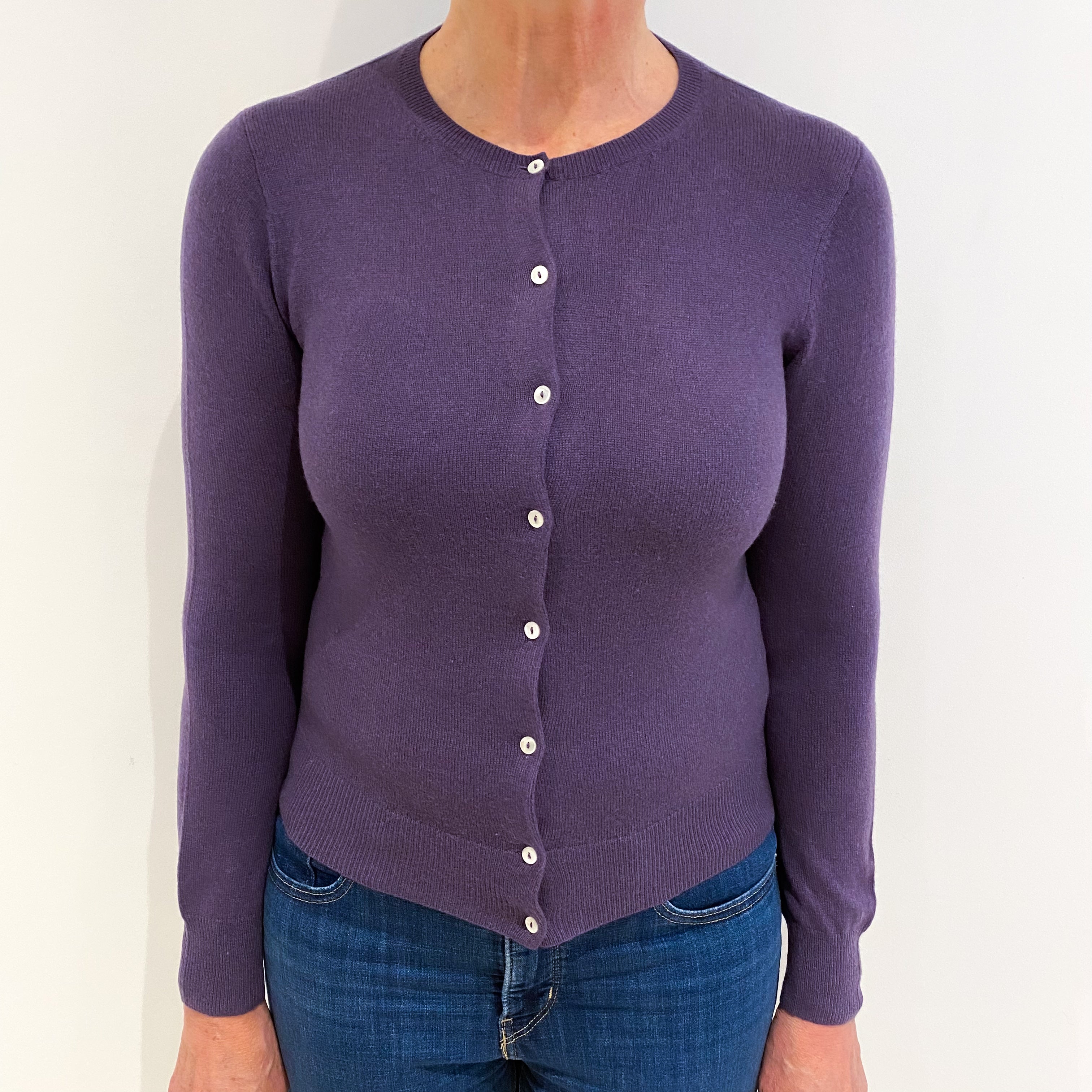 Aubergine Purple Crew Neck Cashmere Cardigan Medium
