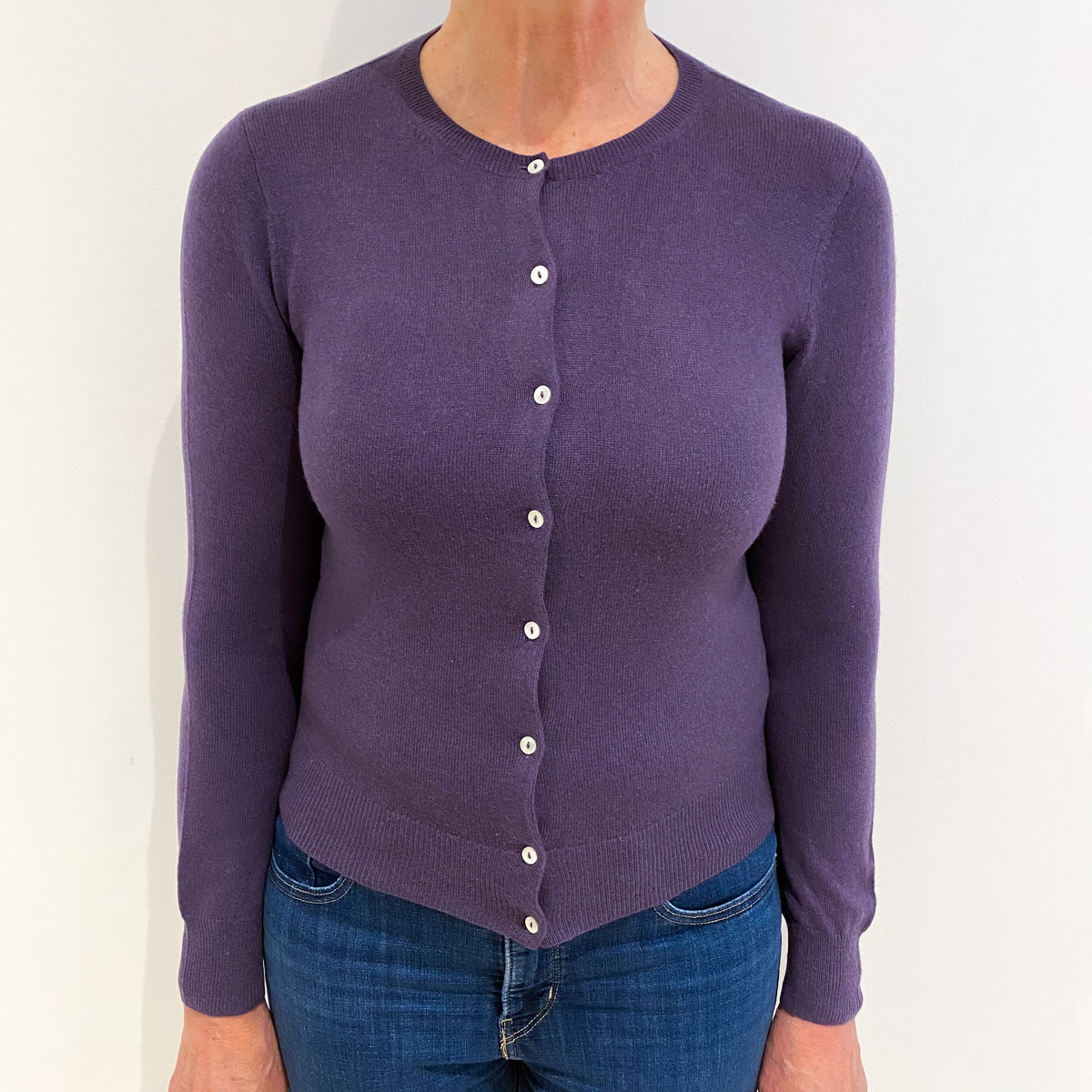 Aubergine Purple Crew Neck Cashmere Cardigan Medium