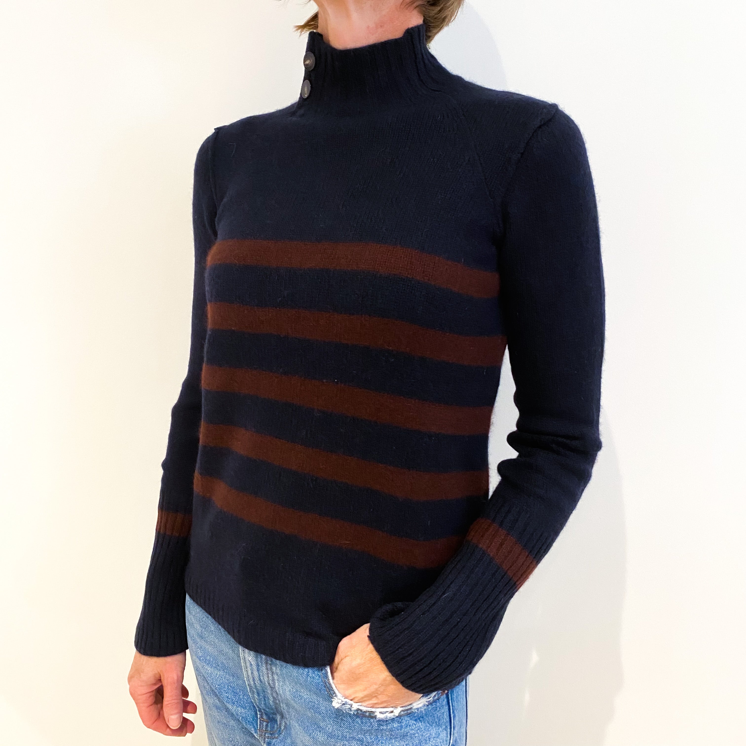 Navy Brown Stripe Cashmere Turtle Neck Jumper Small