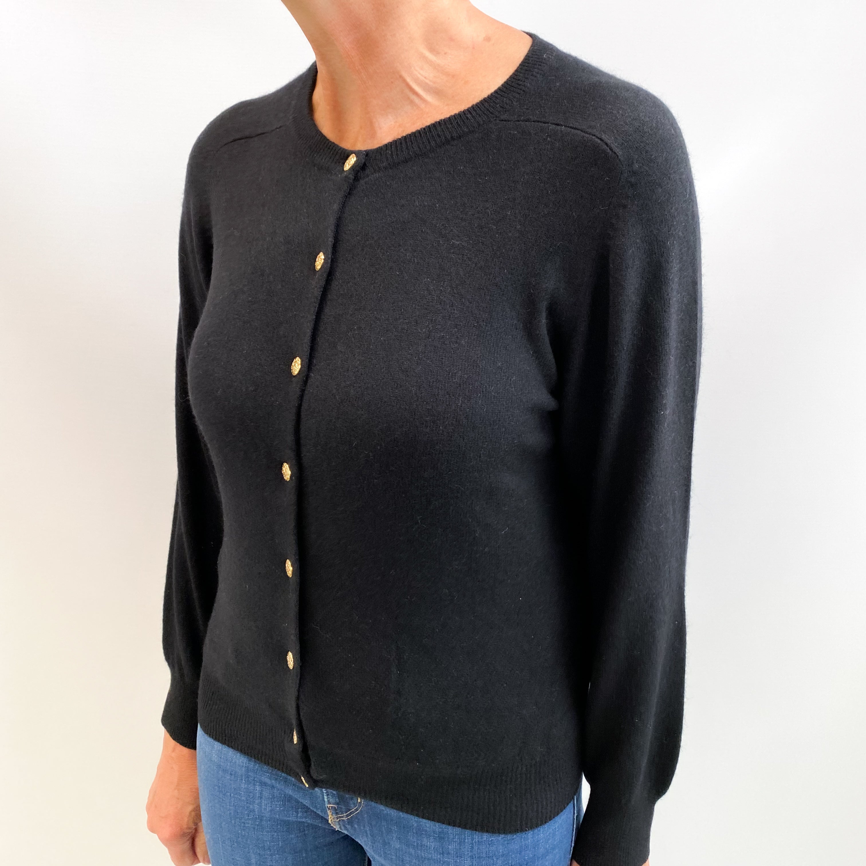 Black Cashmere Crew Neck Cardigan Medium