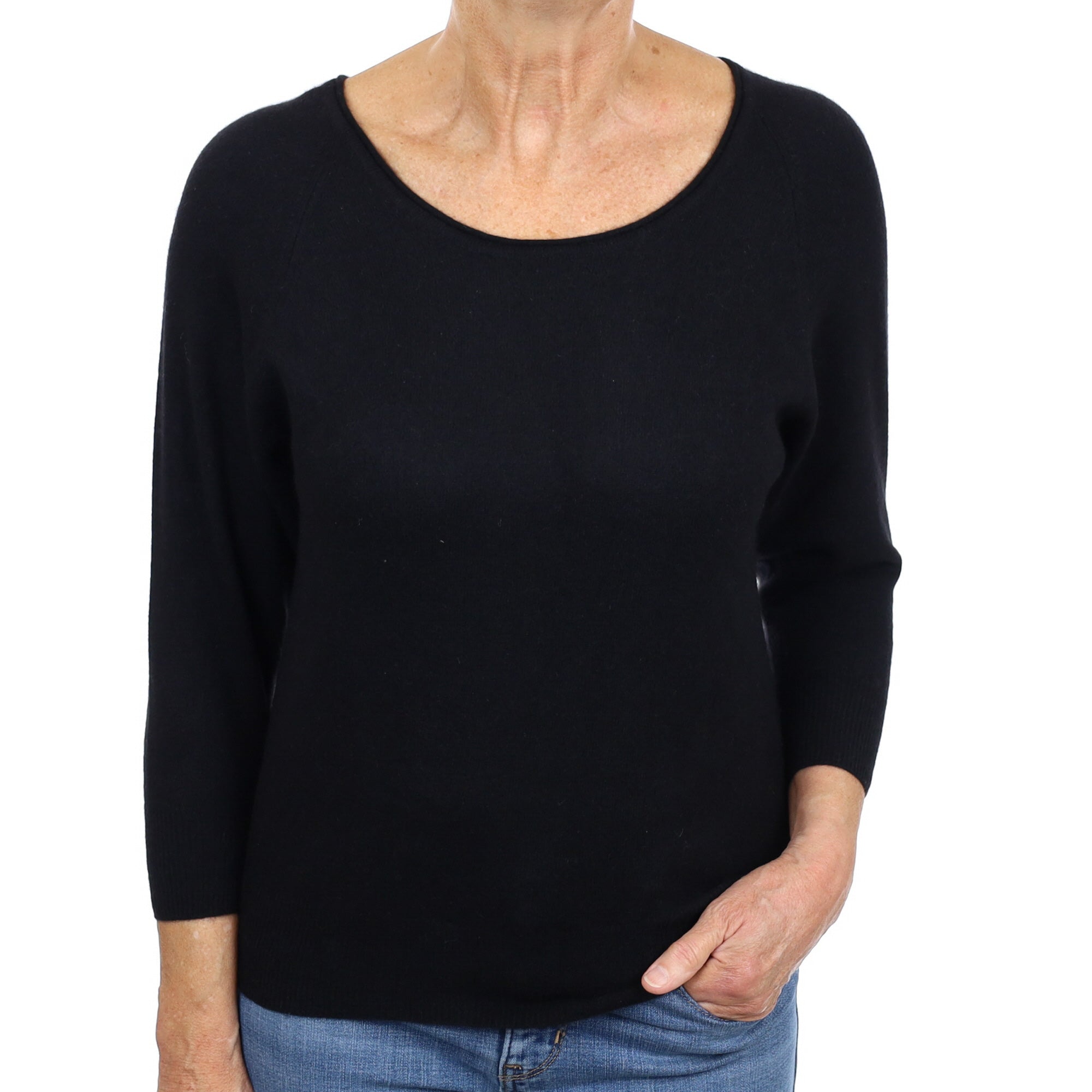 Black Cashmere 3/4 Sleeve Scoop Neck Jumper Medium