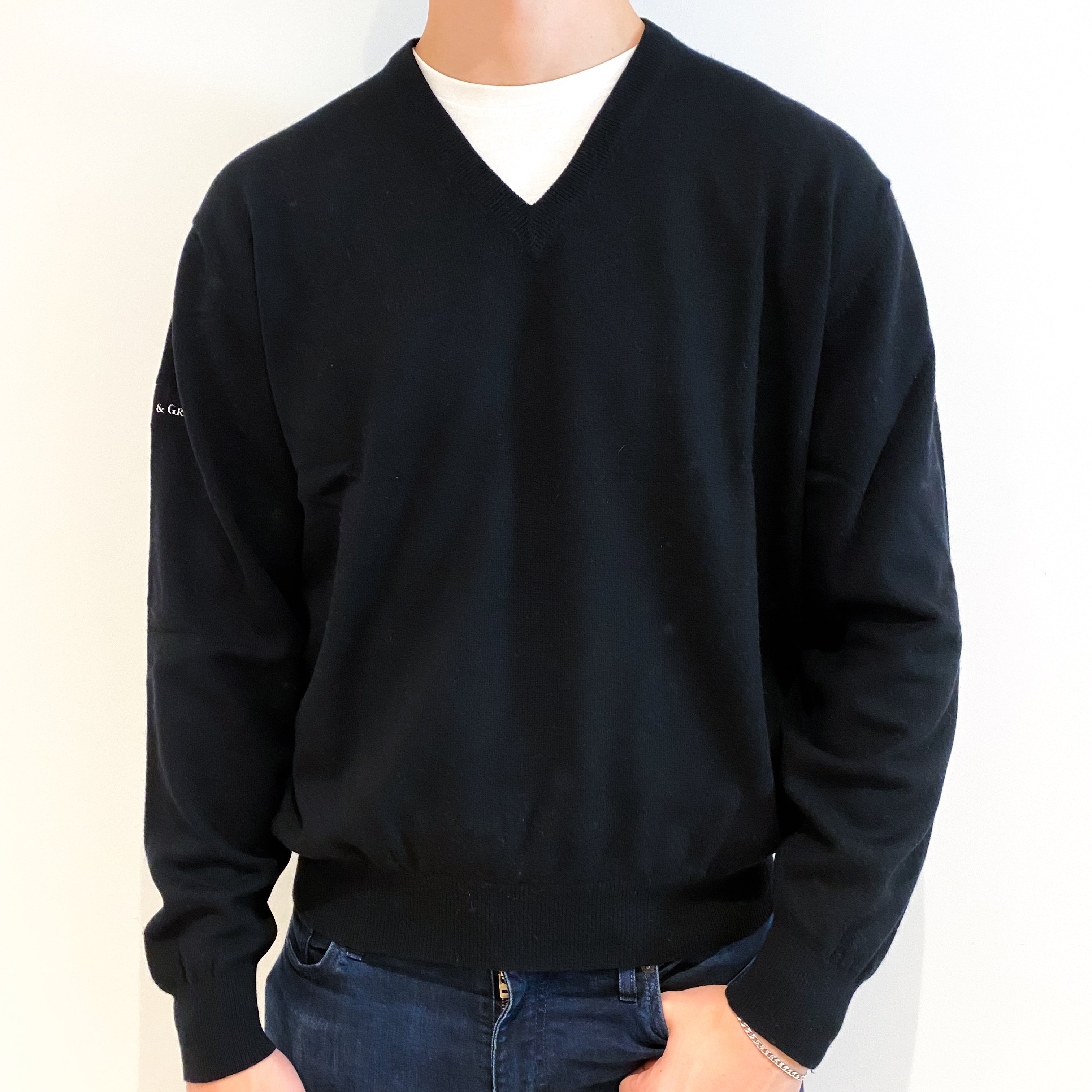 Men's Black Cashmere V-Neck Golf Jumper Extra Extra Large