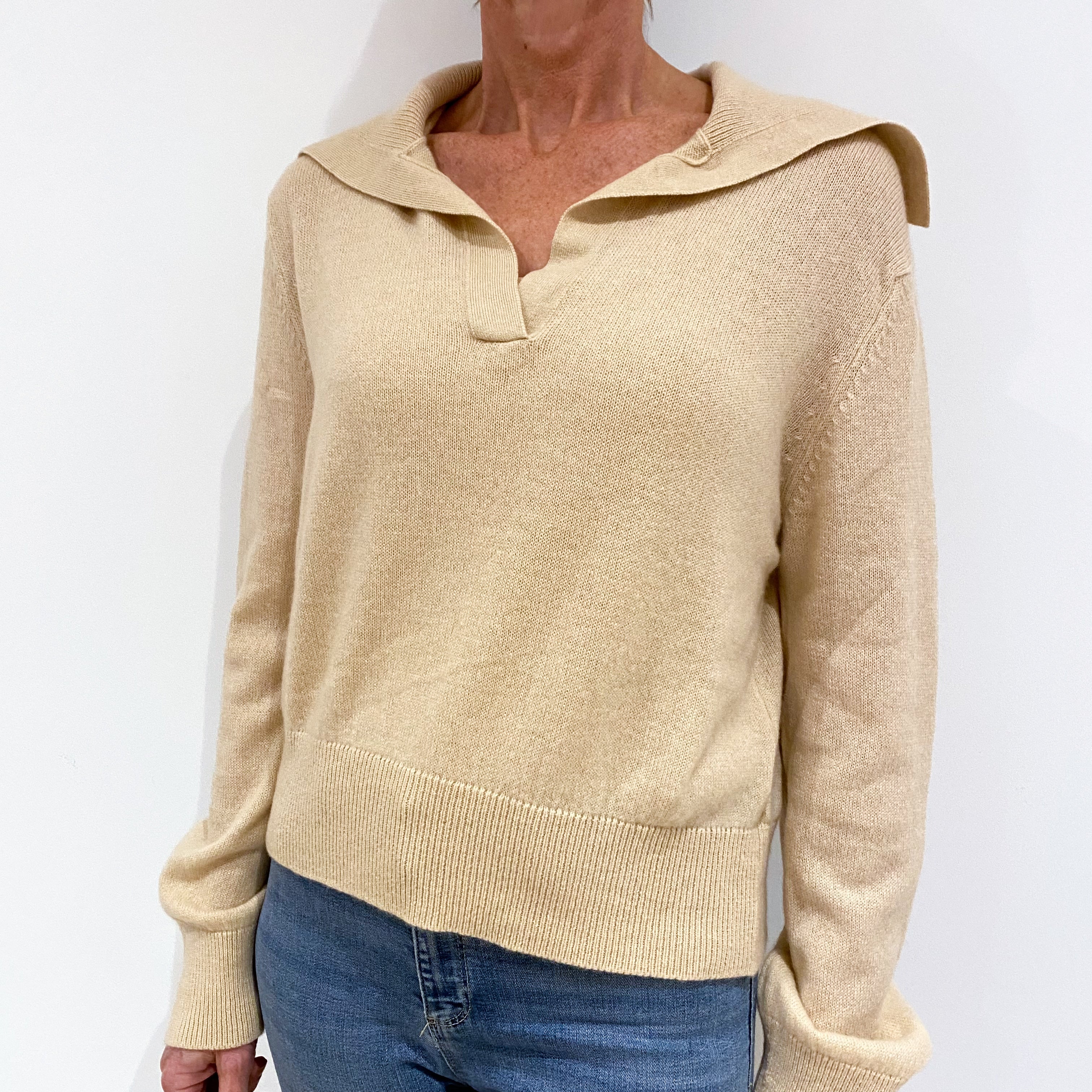 New Scottish Soft Beige Cashmere Collared V-Neck Jumper Small