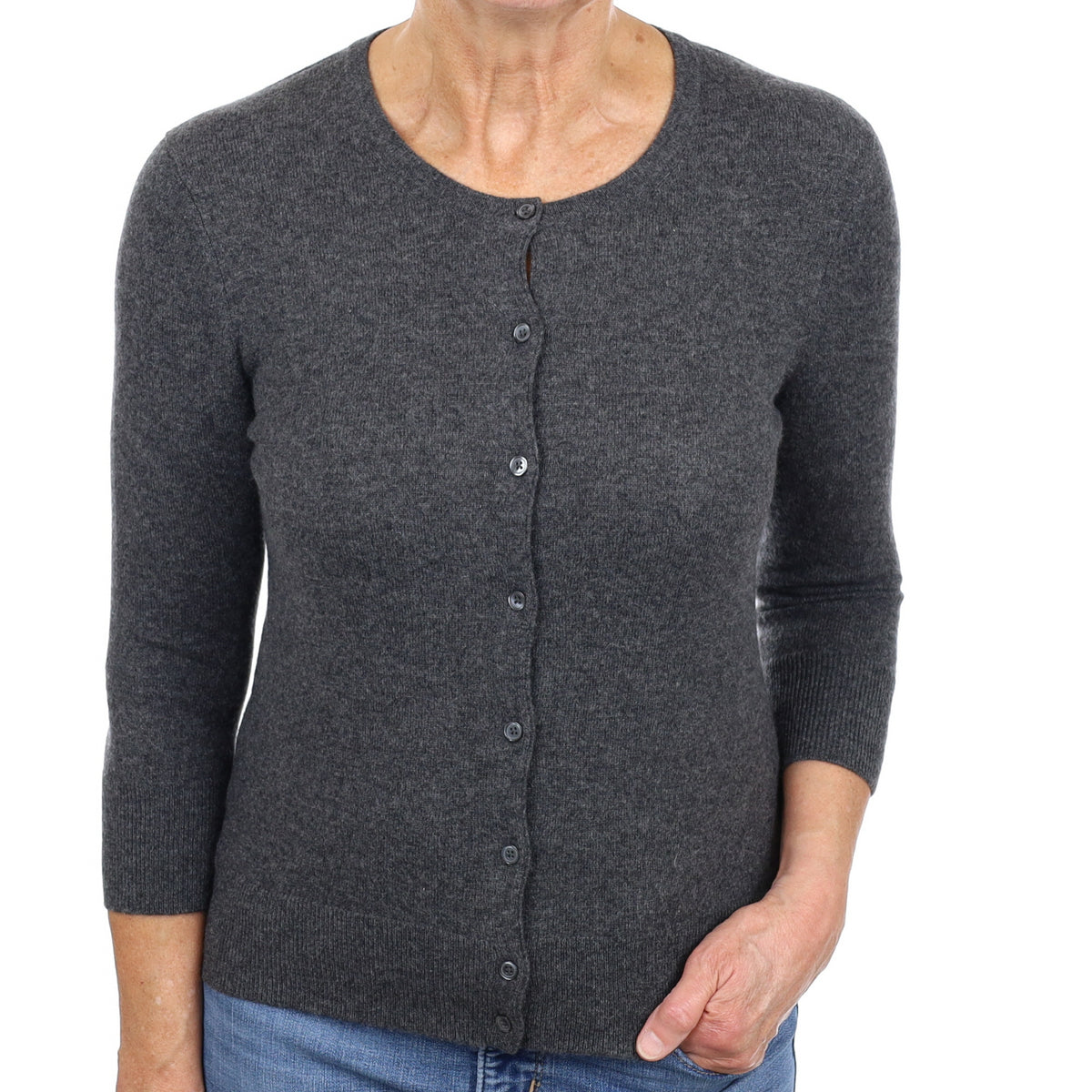Charcoal Grey Cashmere Crew Neck Cardigan Medium