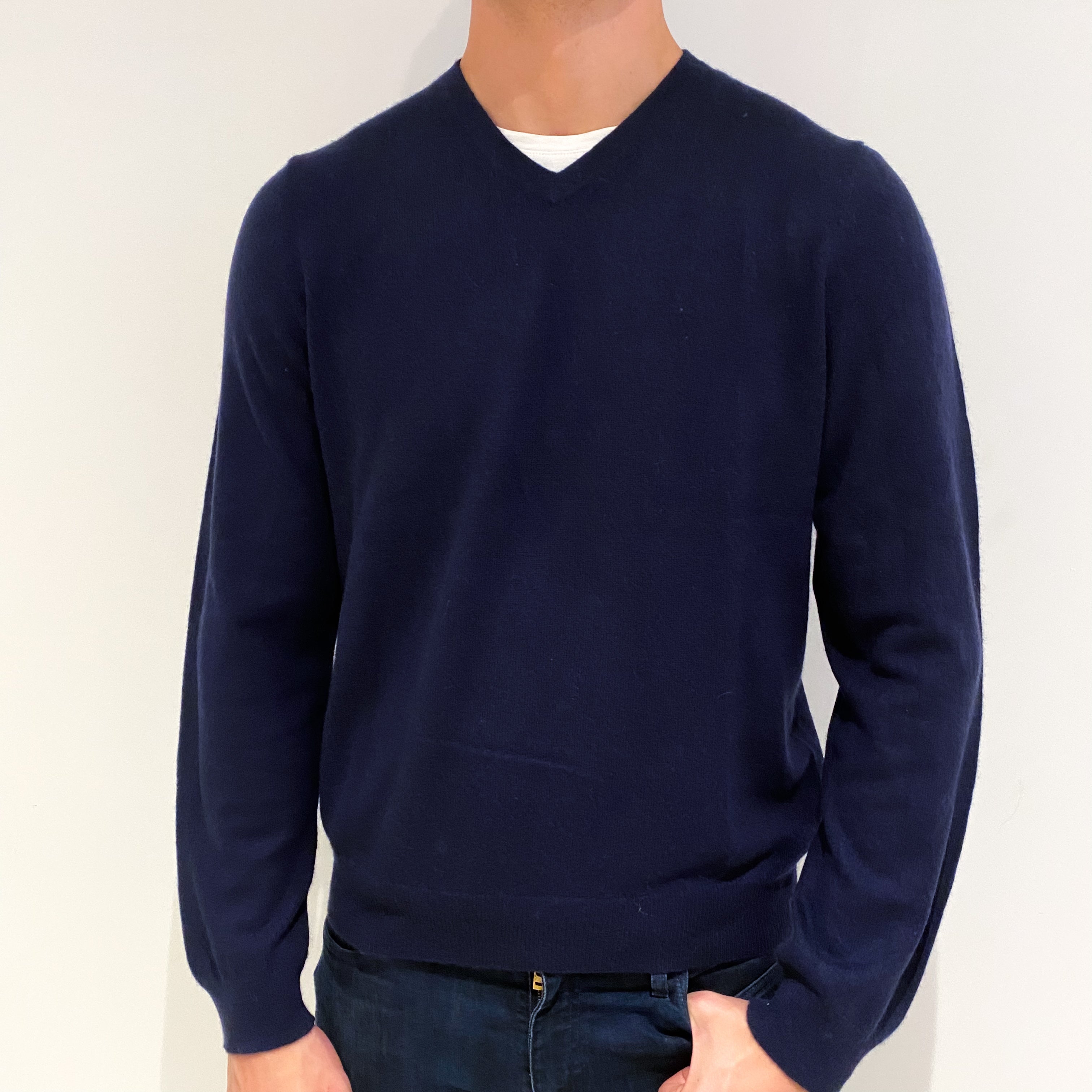 Men's Navy Blue Cashmere V-Neck Jumper Extra Large