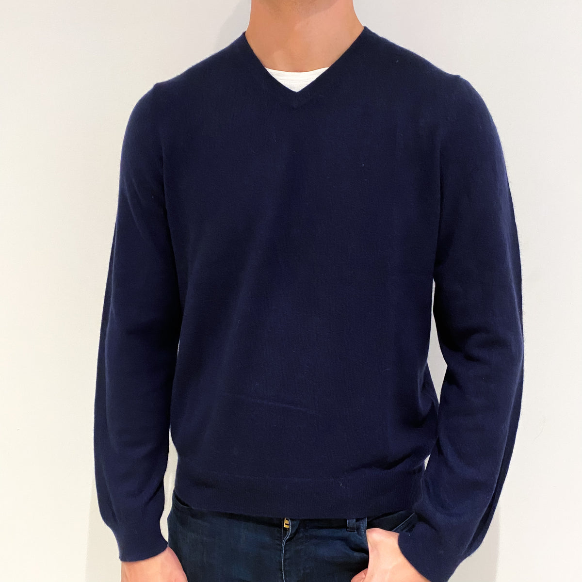 Men's Navy Blue Cashmere V-Neck Jumper Extra Large