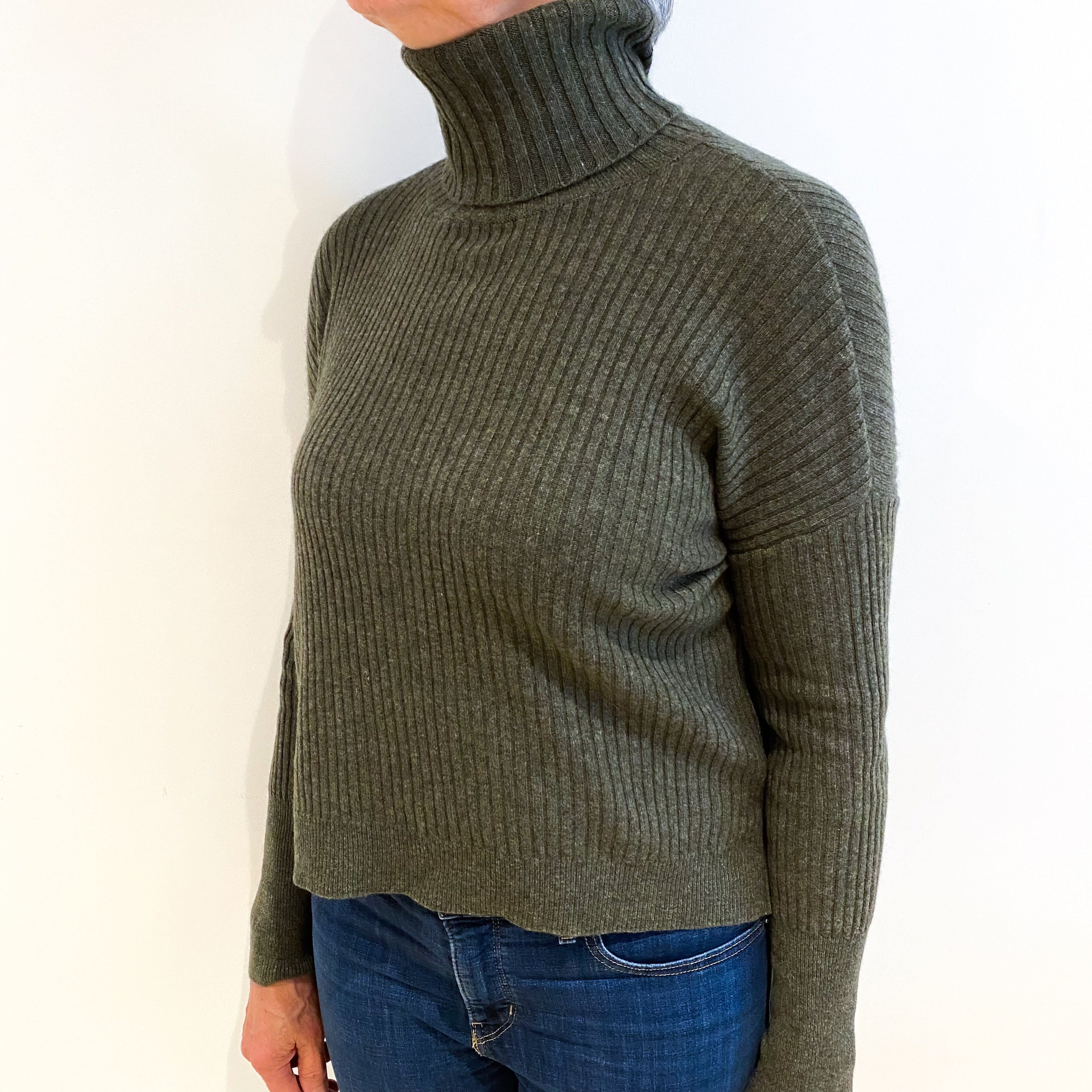 Spruce Green Cashmere Polo Neck Jumper Medium