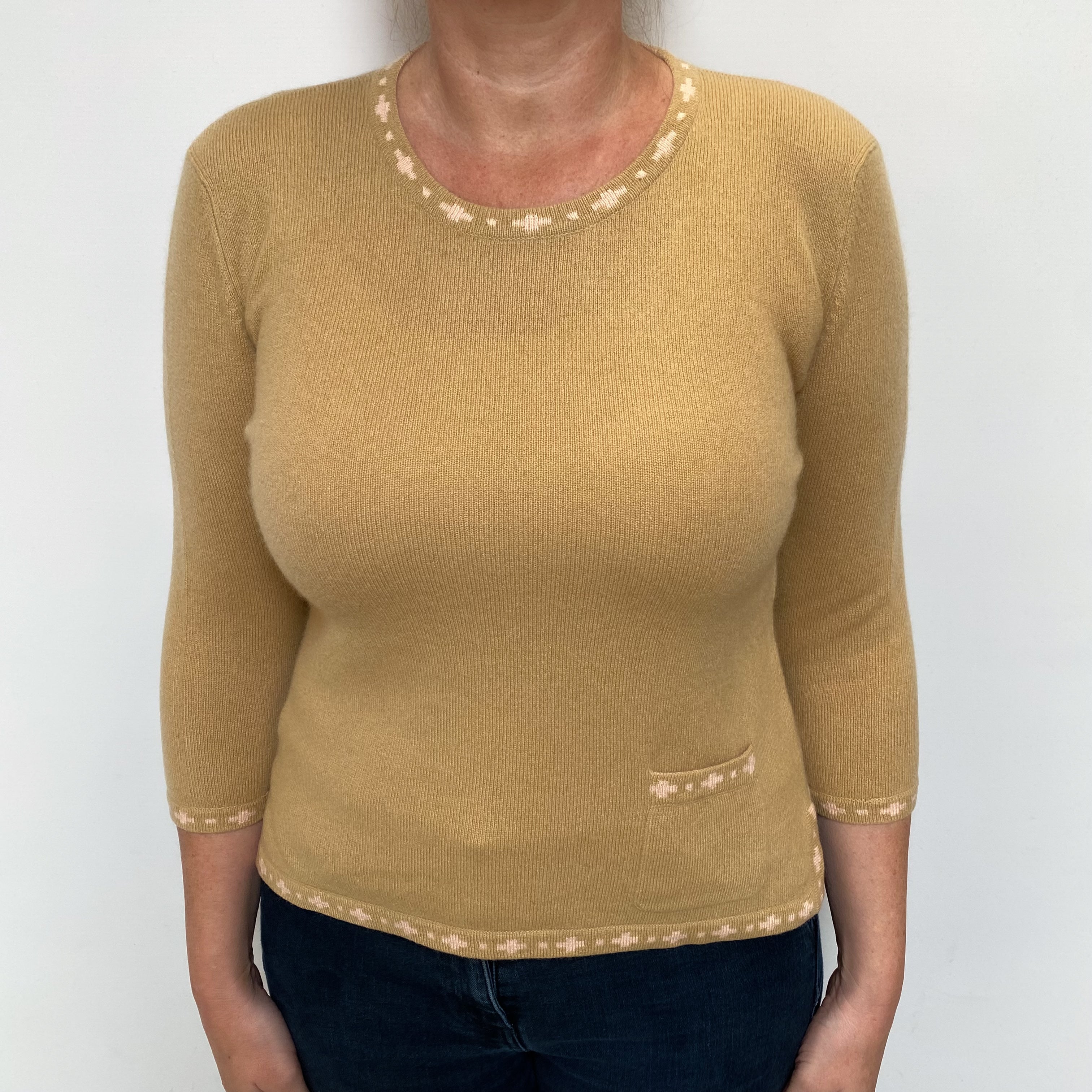 Camel Cashmere Patterned Trim Crew Neck Jumper Large