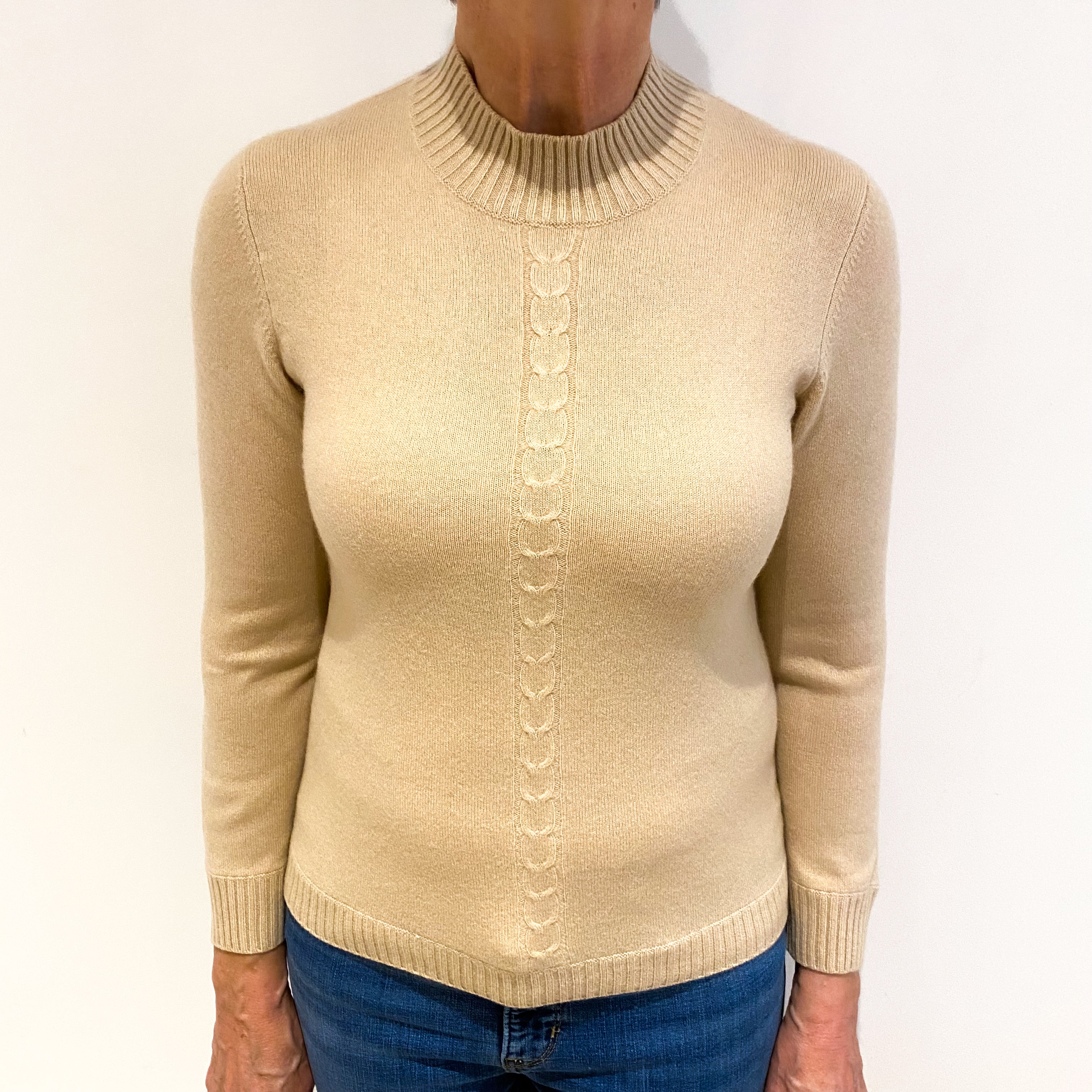 Buttermilk Beige Cashmere Turtle Neck Cable Knit Front Jumper Medium