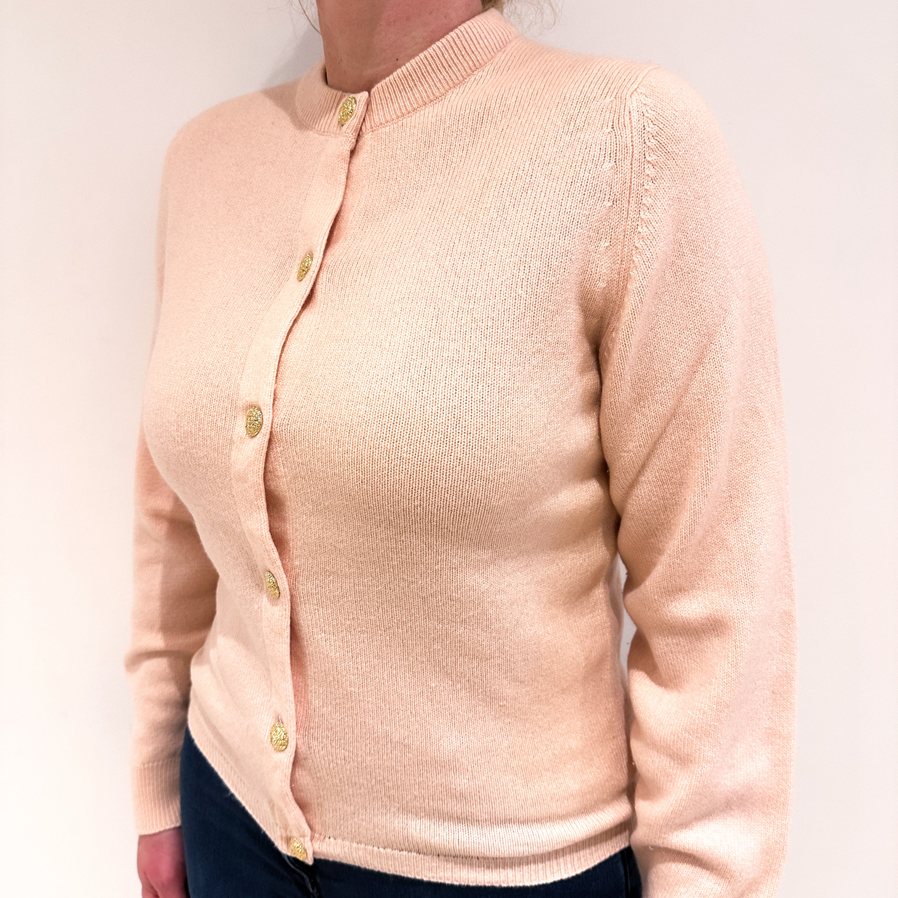 Vintage Scottish Shell Pink Cashmere Crew Neck Cardigan Large