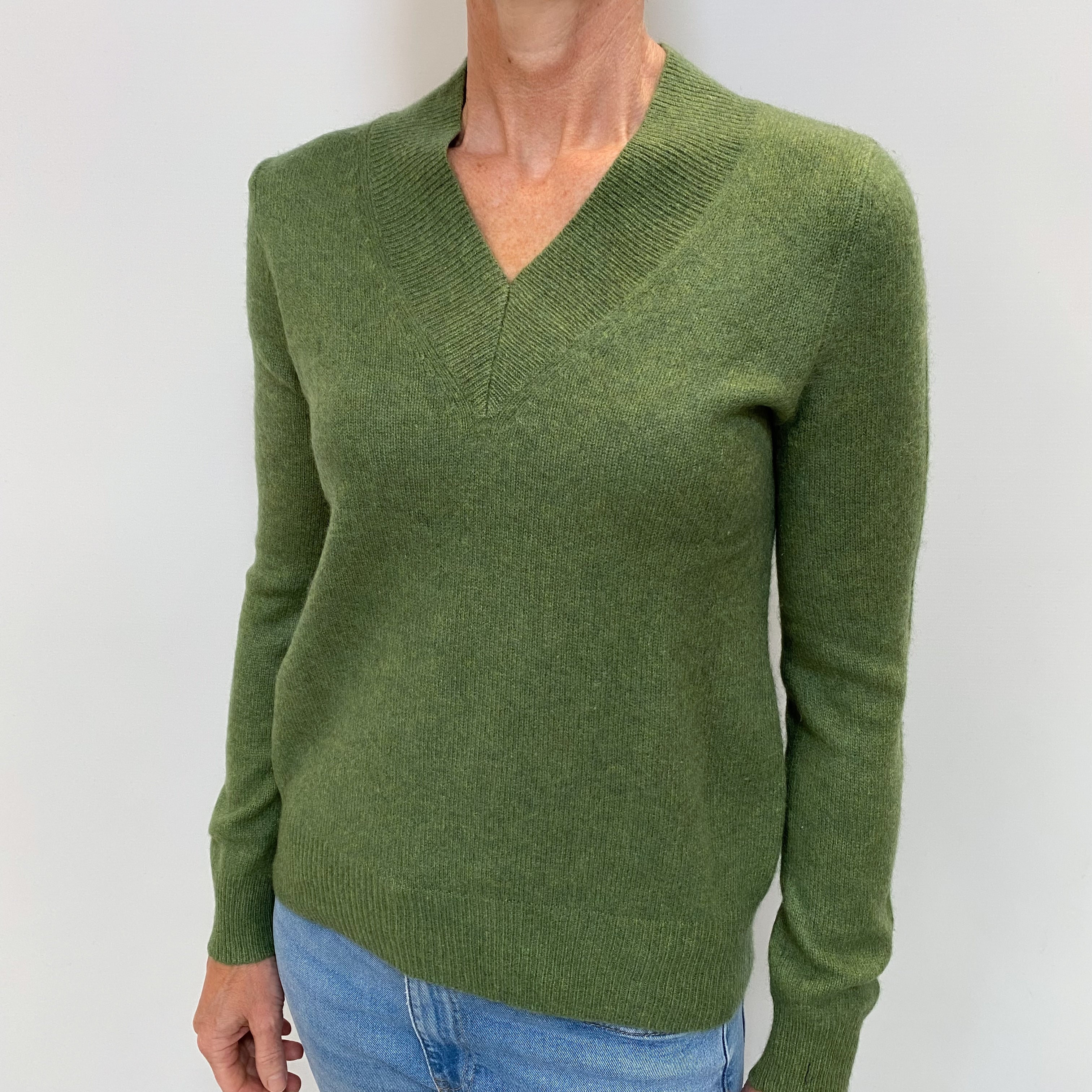 Fern Green Cashmere V Neck Jumper Small