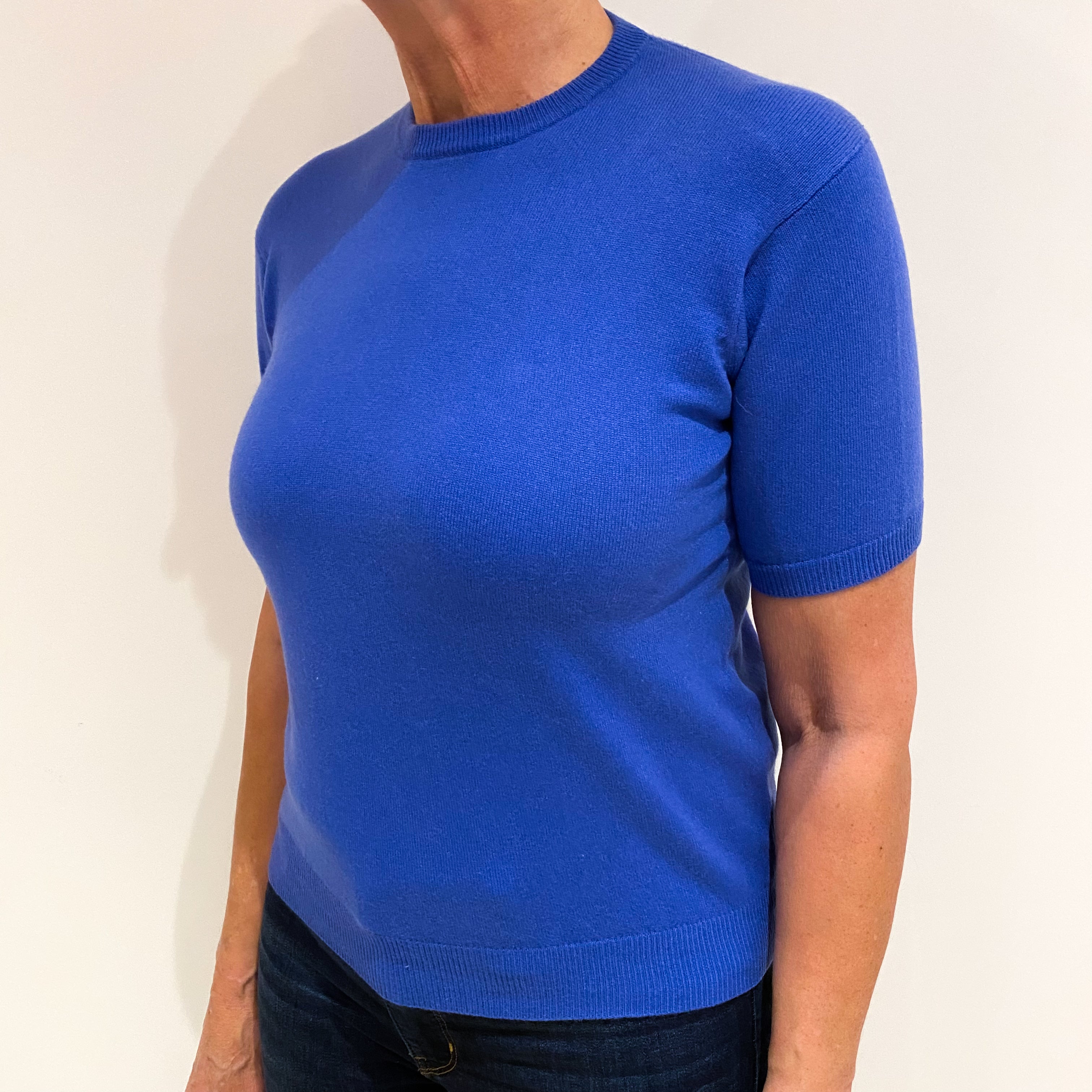 Tanzanite Blue Cashmere Short Sleeve Crew Neck Jumper Medium