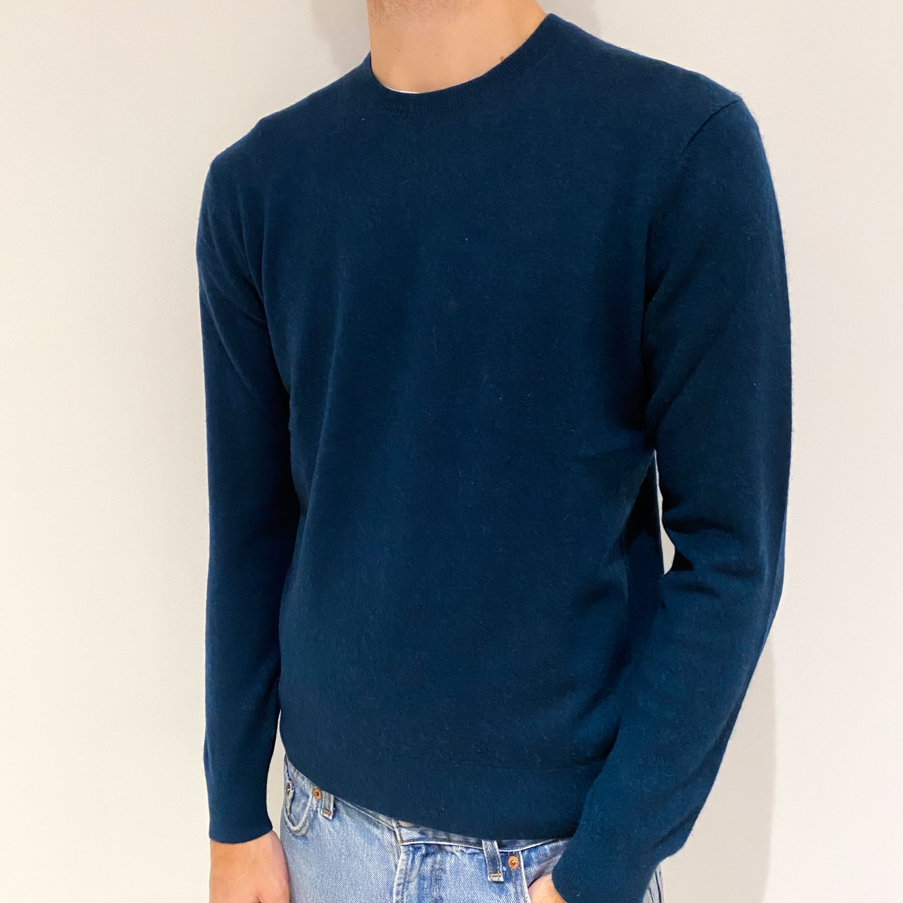 Men's Petrol Blue Cashmere Crew Neck Jumper Large