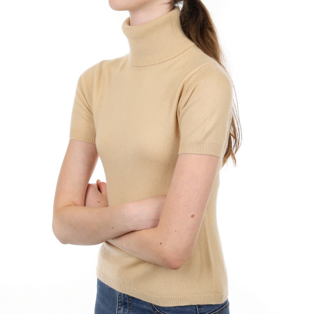 Sand Beige Cashmere Polo Neck Short Sleeved Jumper Extra Small