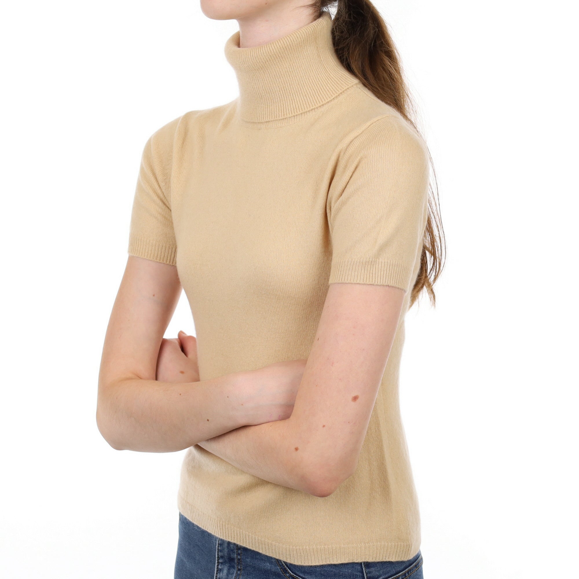 Sand Beige Cashmere Polo Neck Short Sleeved Jumper Extra Small
