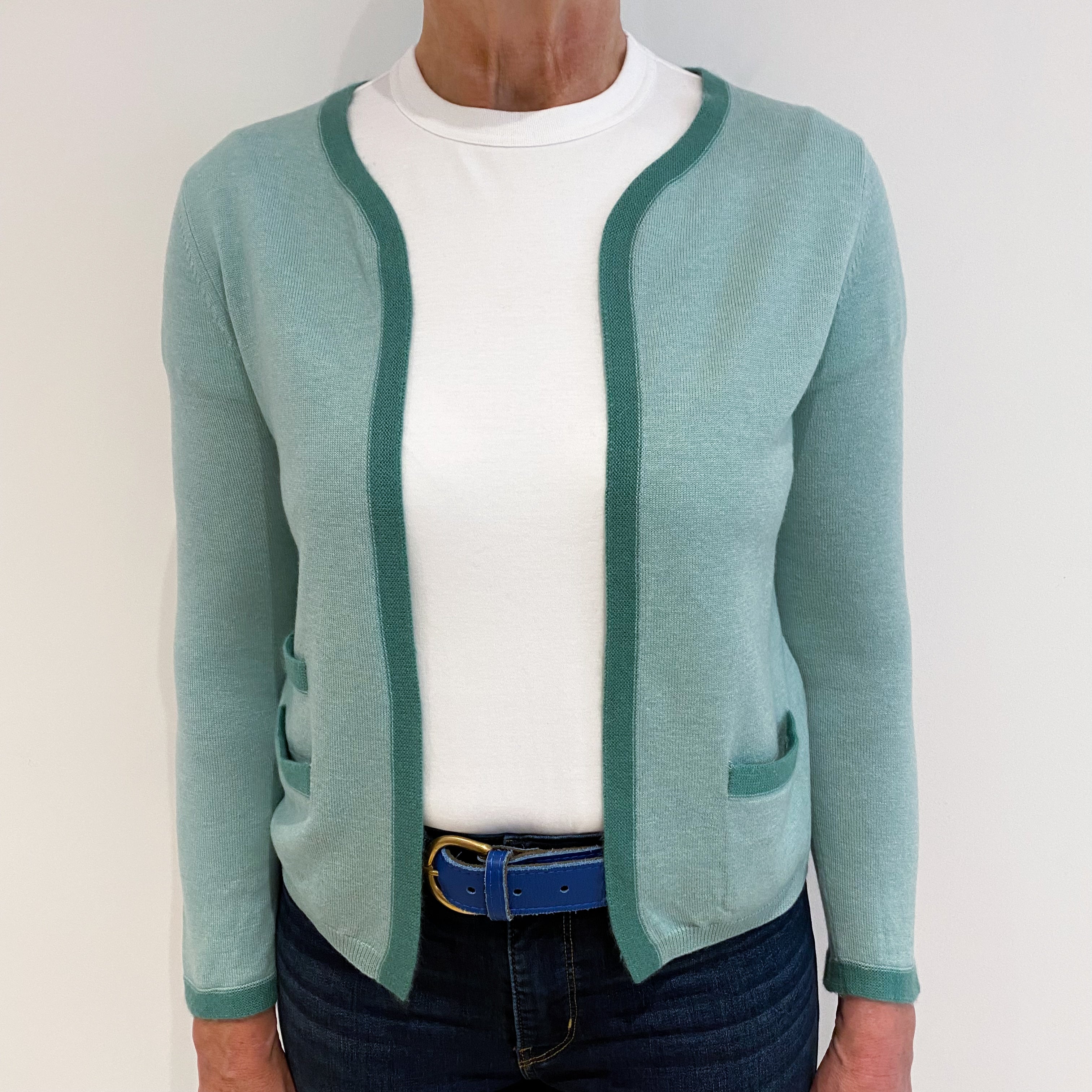 Deep Mint Green Cashmere Edge to Edge Cardigan with Pockets Medium