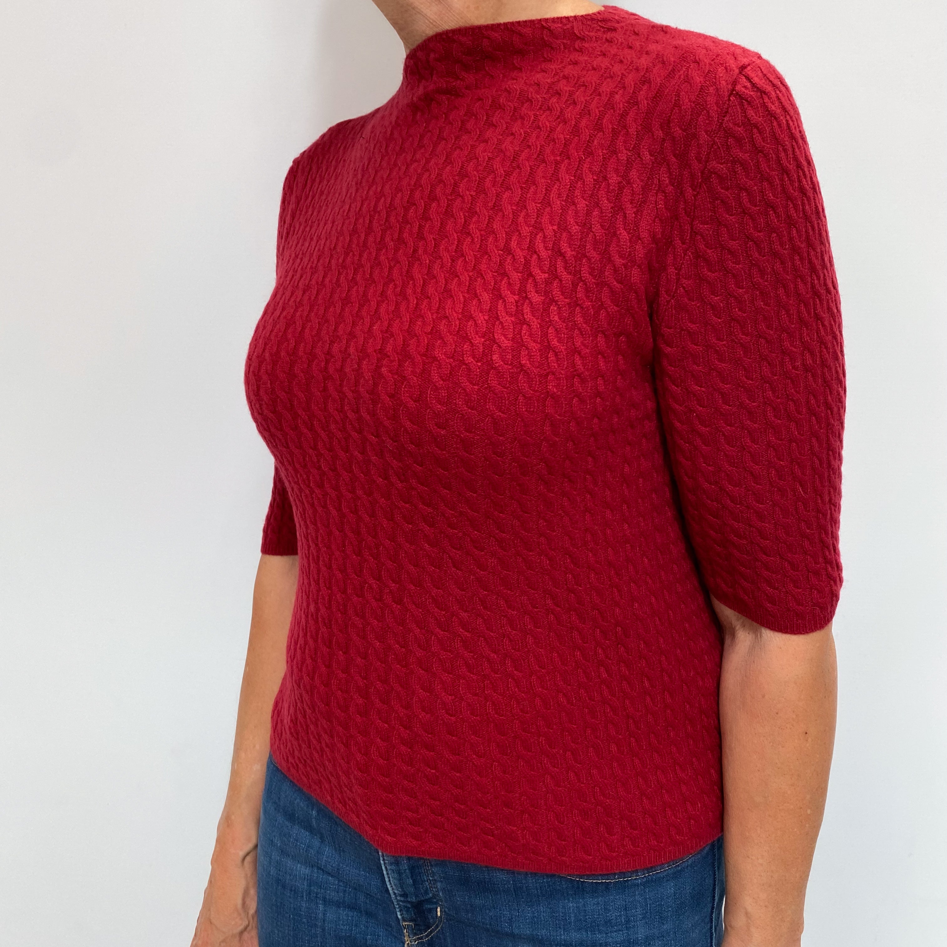 Crimson Red Cashmere Slash Neck Cable Knit Jumper Medium