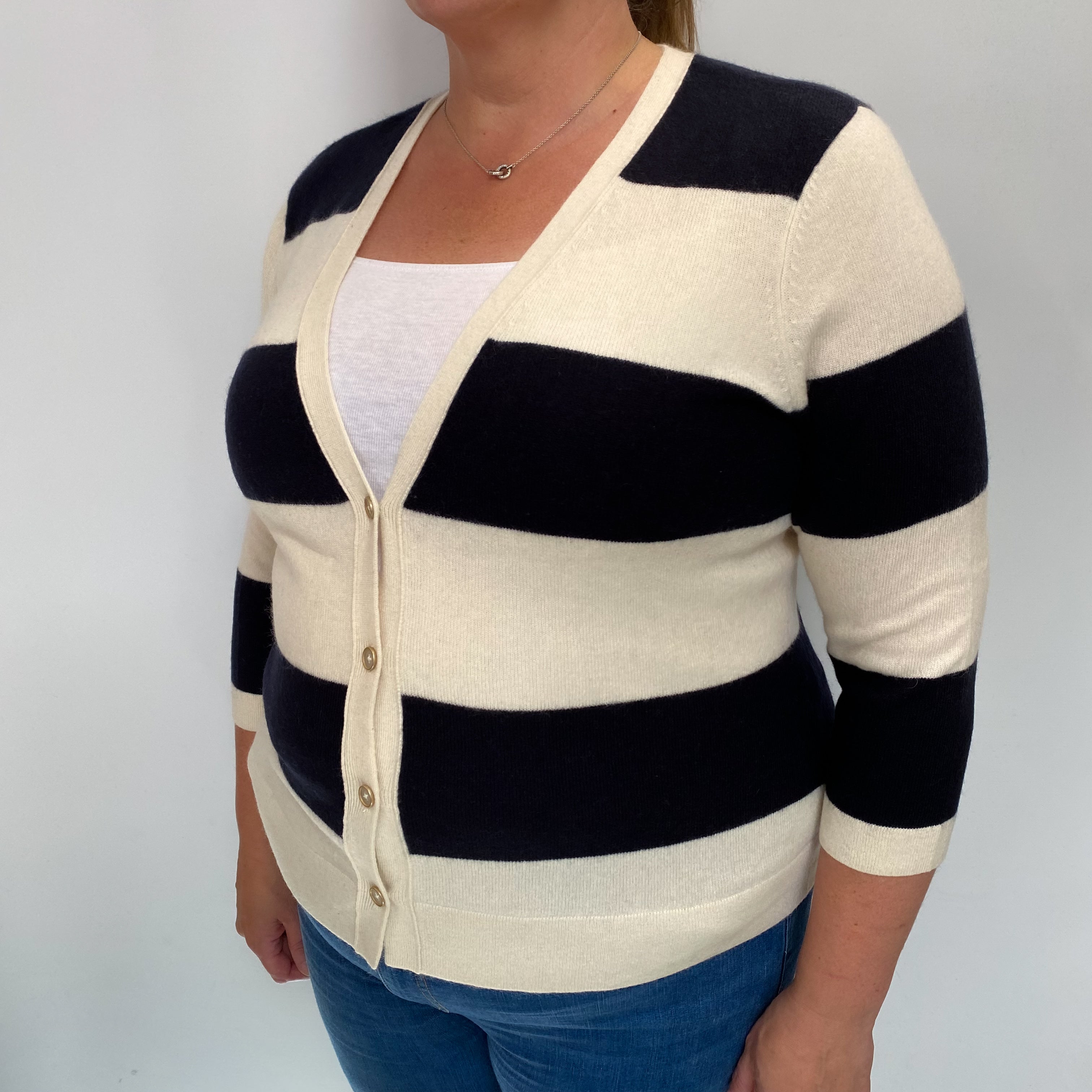 Navy Cream Striped Cashmere V Neck Cardigan Extra Large