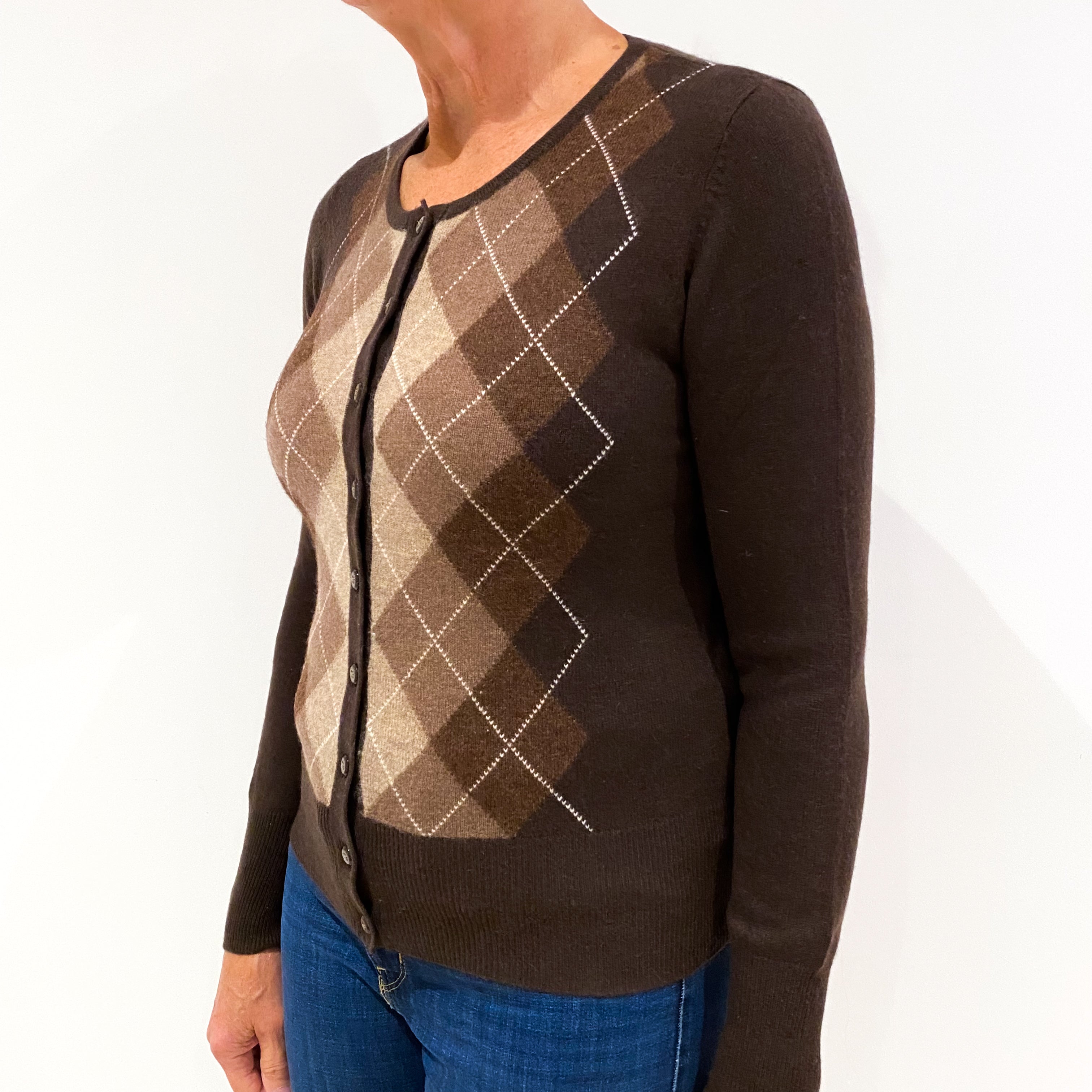 Chocolate Brown Argyle Front Cashmere Crew Neck Cardigan Medium