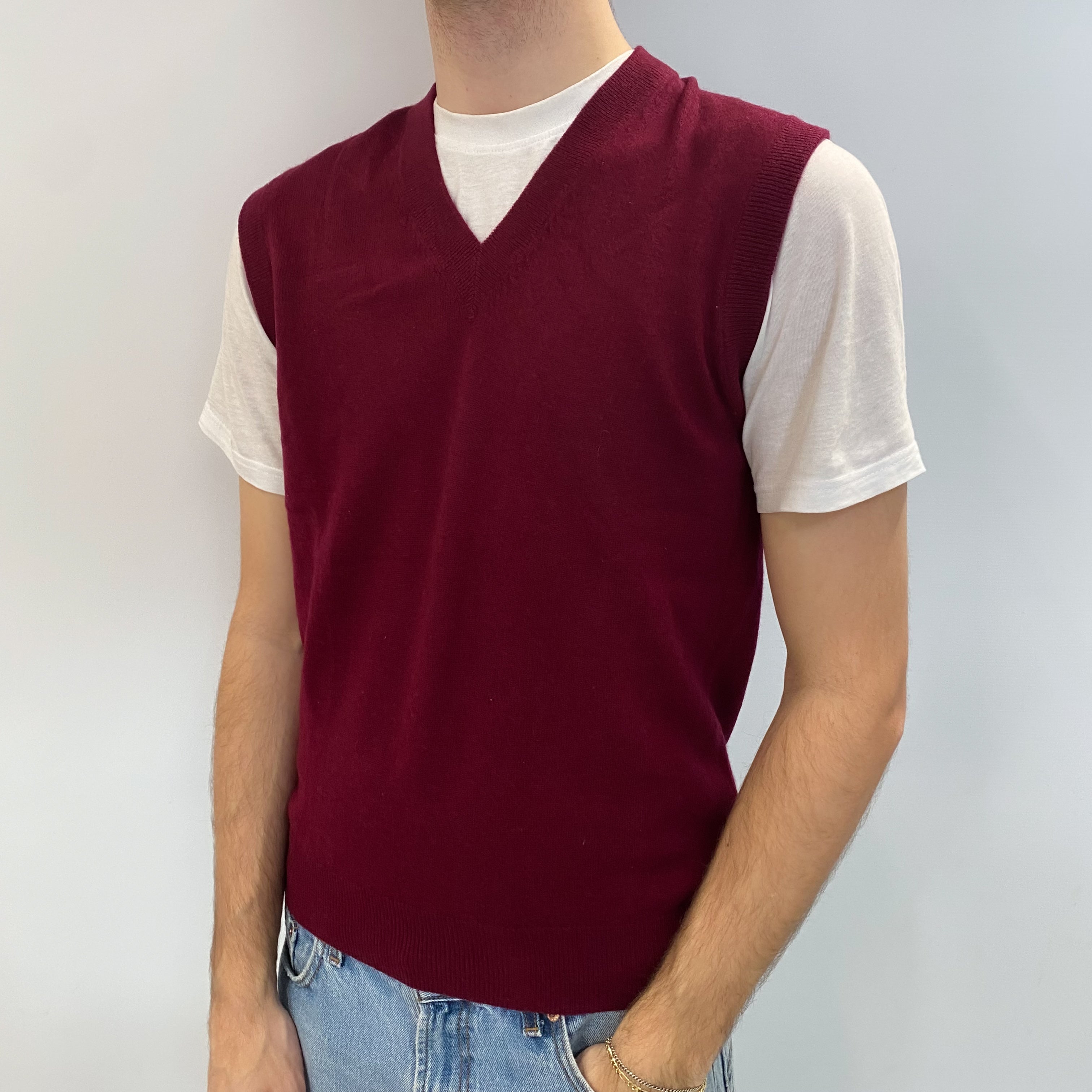 Men's Burgundy Red Cashmere V Neck Tank Top Medium
