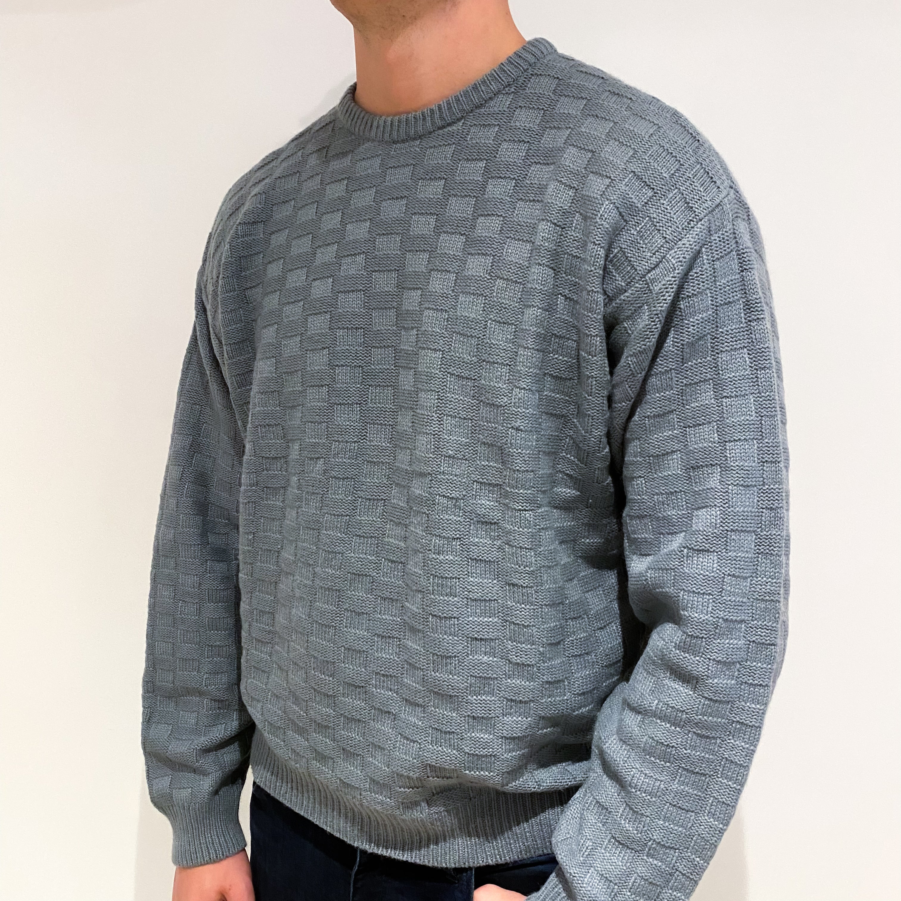 Men's Steel Grey Textured Cashmere Crew Neck Jumper Extra Large