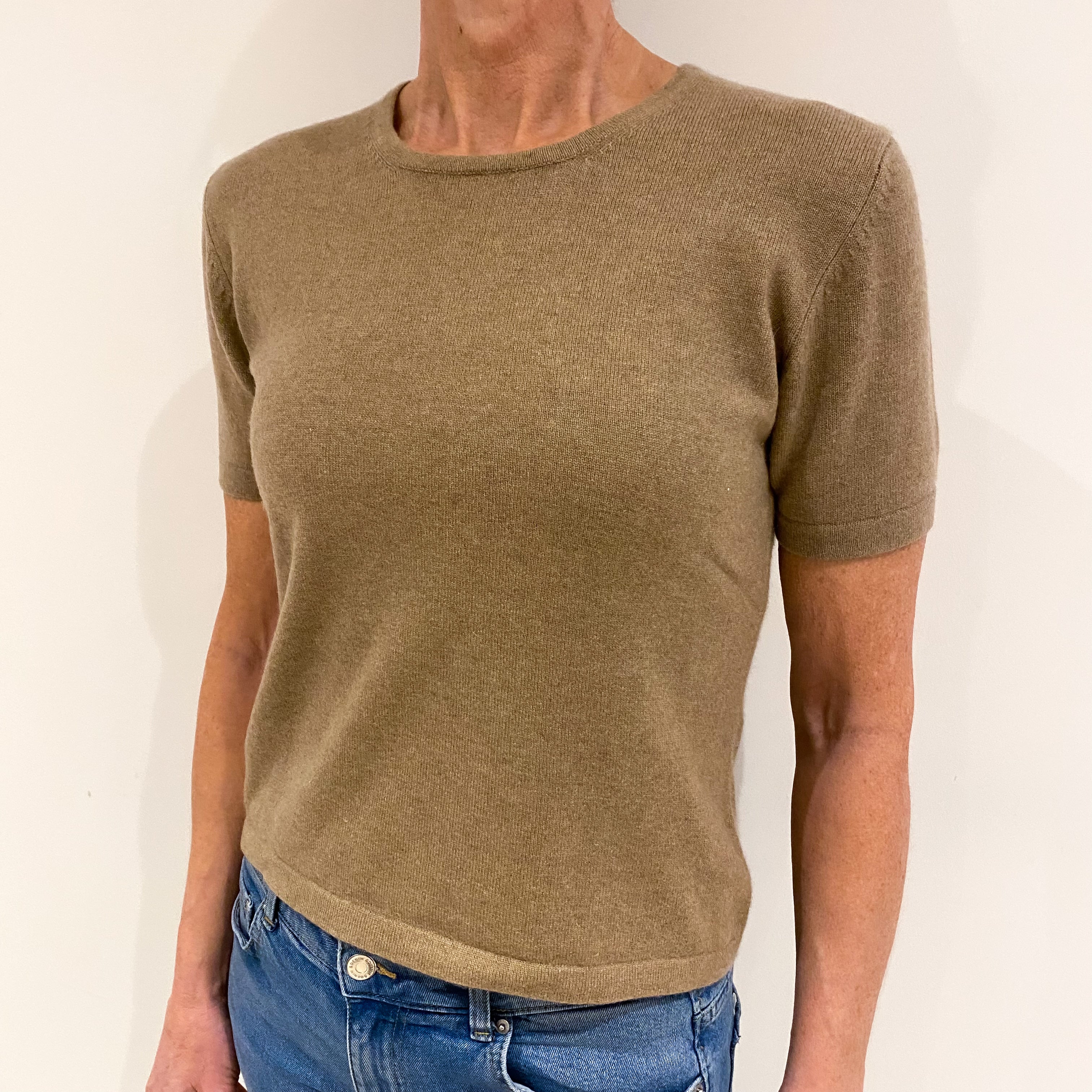 Fudge Brown Cashmere Short Sleeved Crew Neck Jumper Small