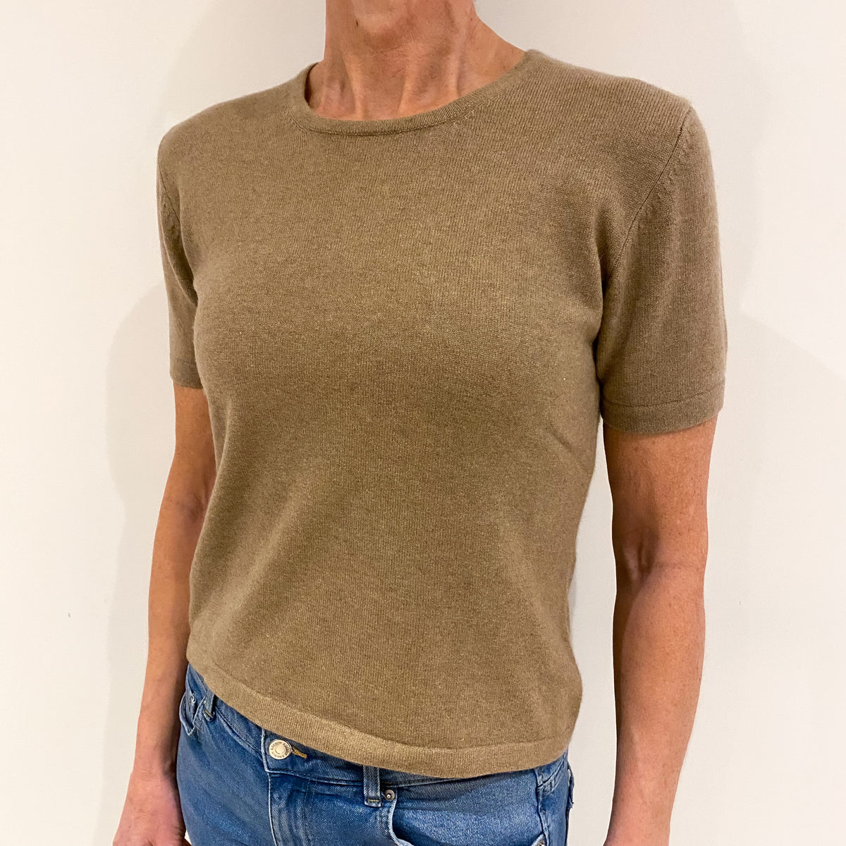 Fudge Brown Cashmere Short Sleeved Crew Neck Jumper Small