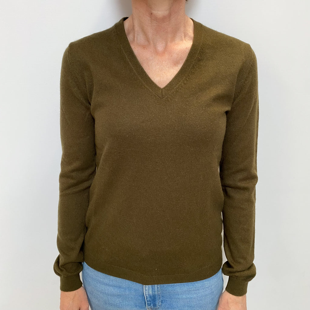 Deep Khaki Green Cashmere V Neck Jumper Small
