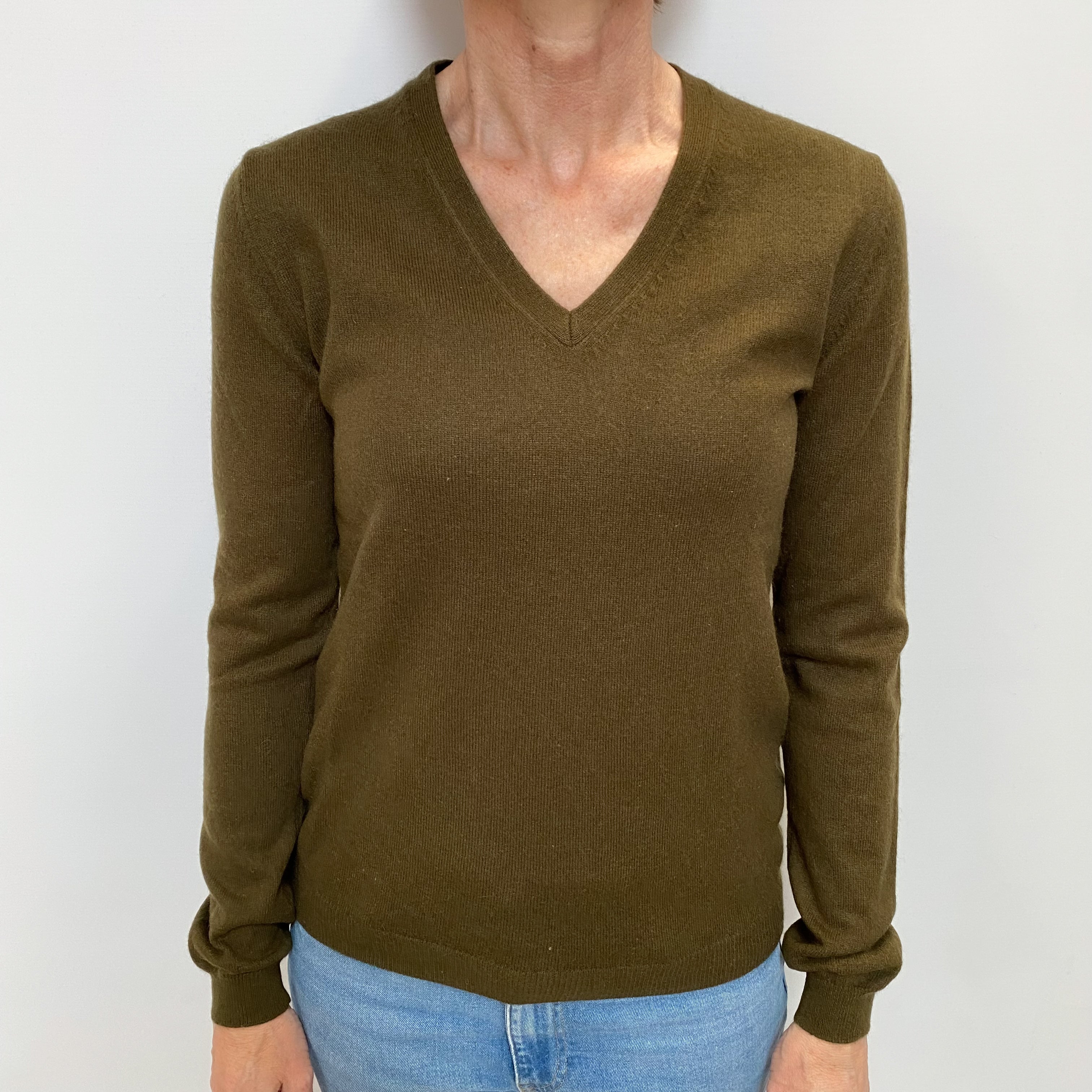 Deep Khaki Green Cashmere V Neck Jumper Small