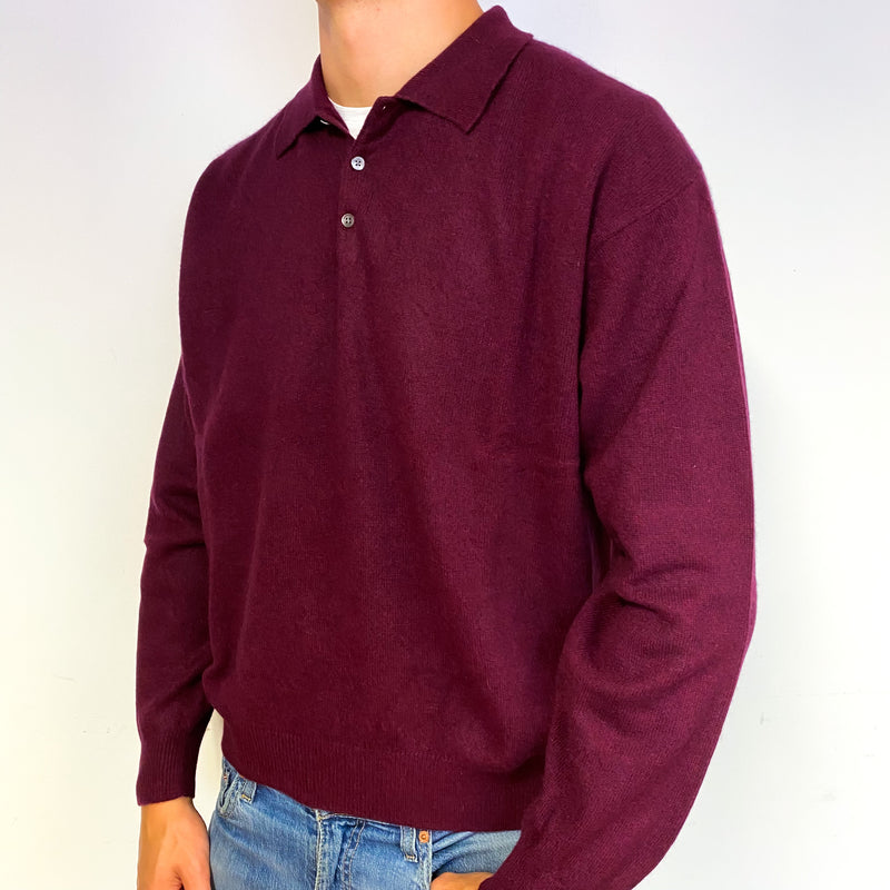 Men's Wine Red Cashmere Quarter Button Jumper Extra Extra Large