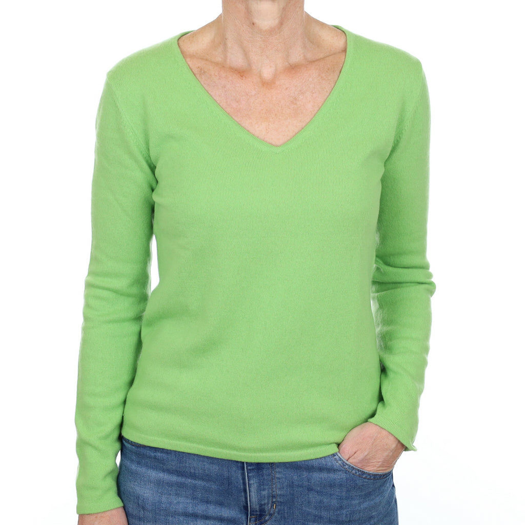 Pear Green Cashmere V Neck Jumper Small