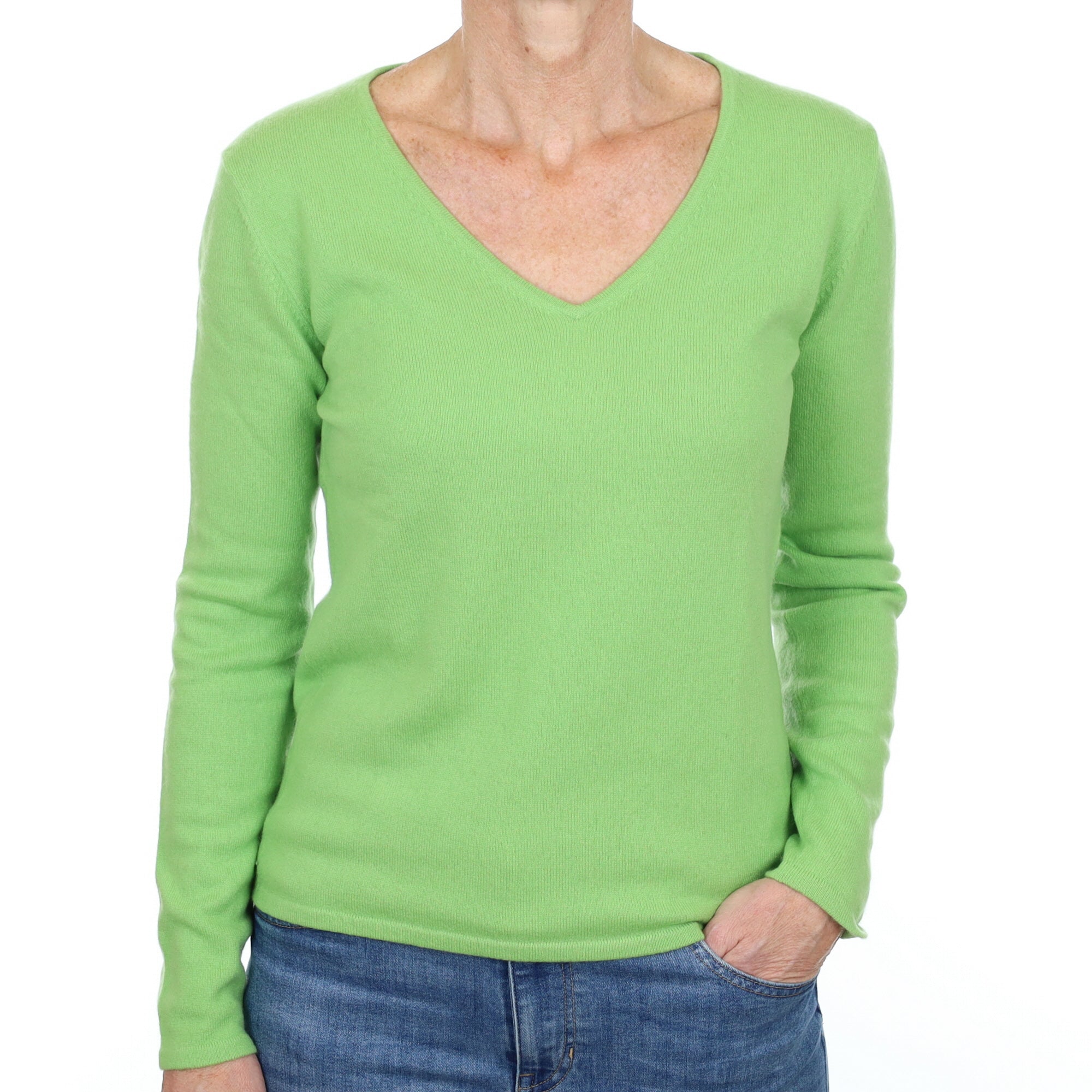 Pear Green Cashmere V Neck Jumper Small