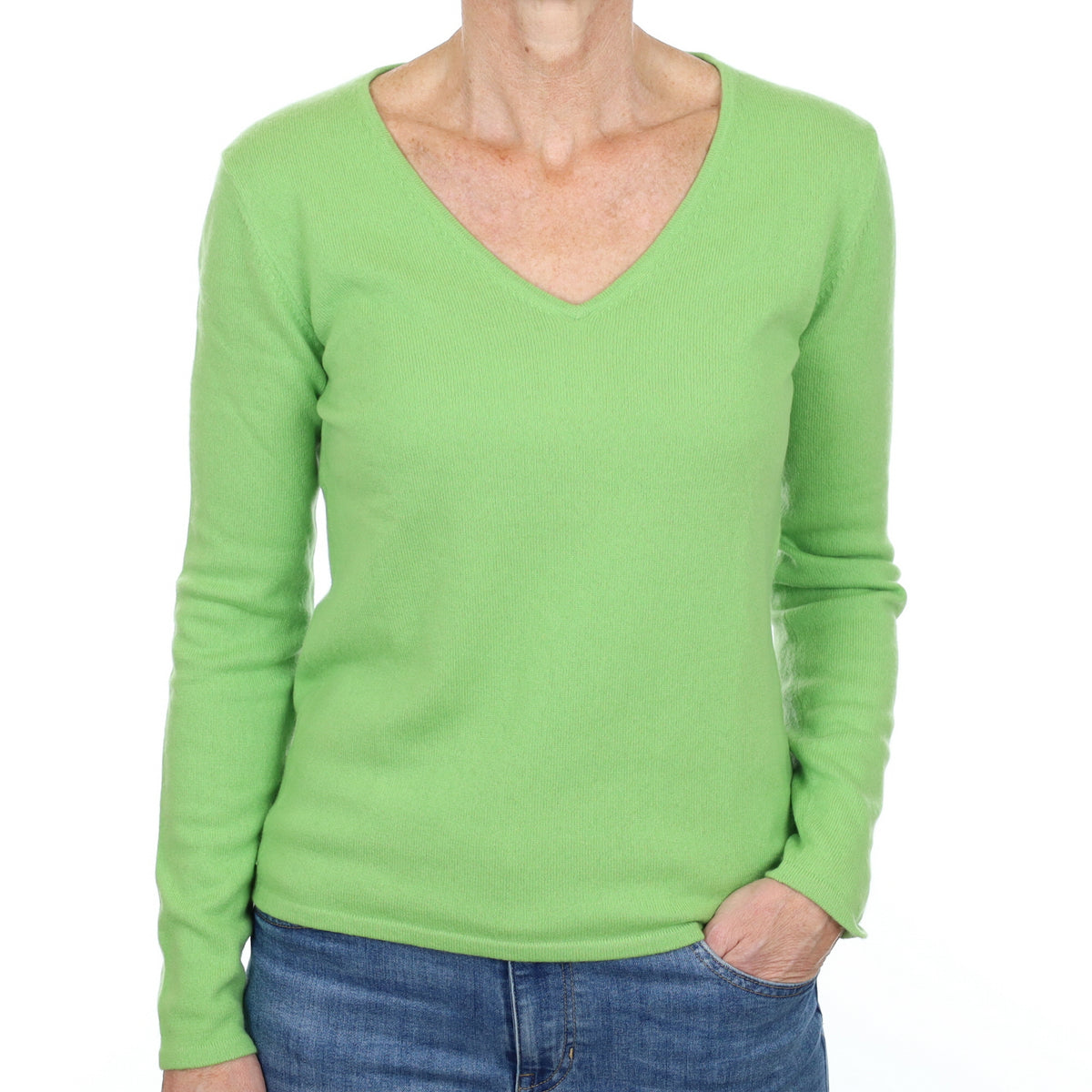 Pear Green Cashmere V Neck Jumper Small