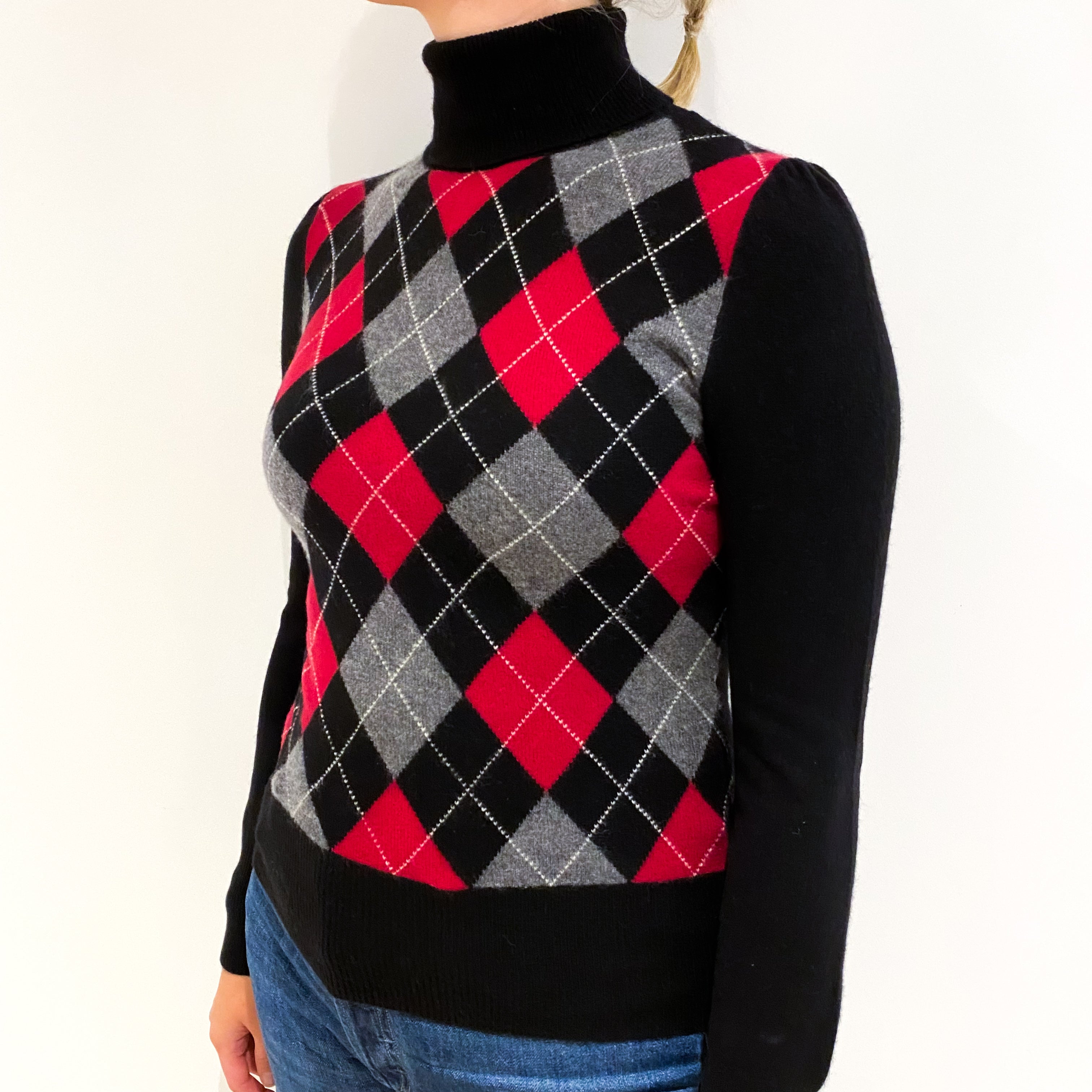 Black and Red Argyle Cashmere Polo Neck Jumper Small