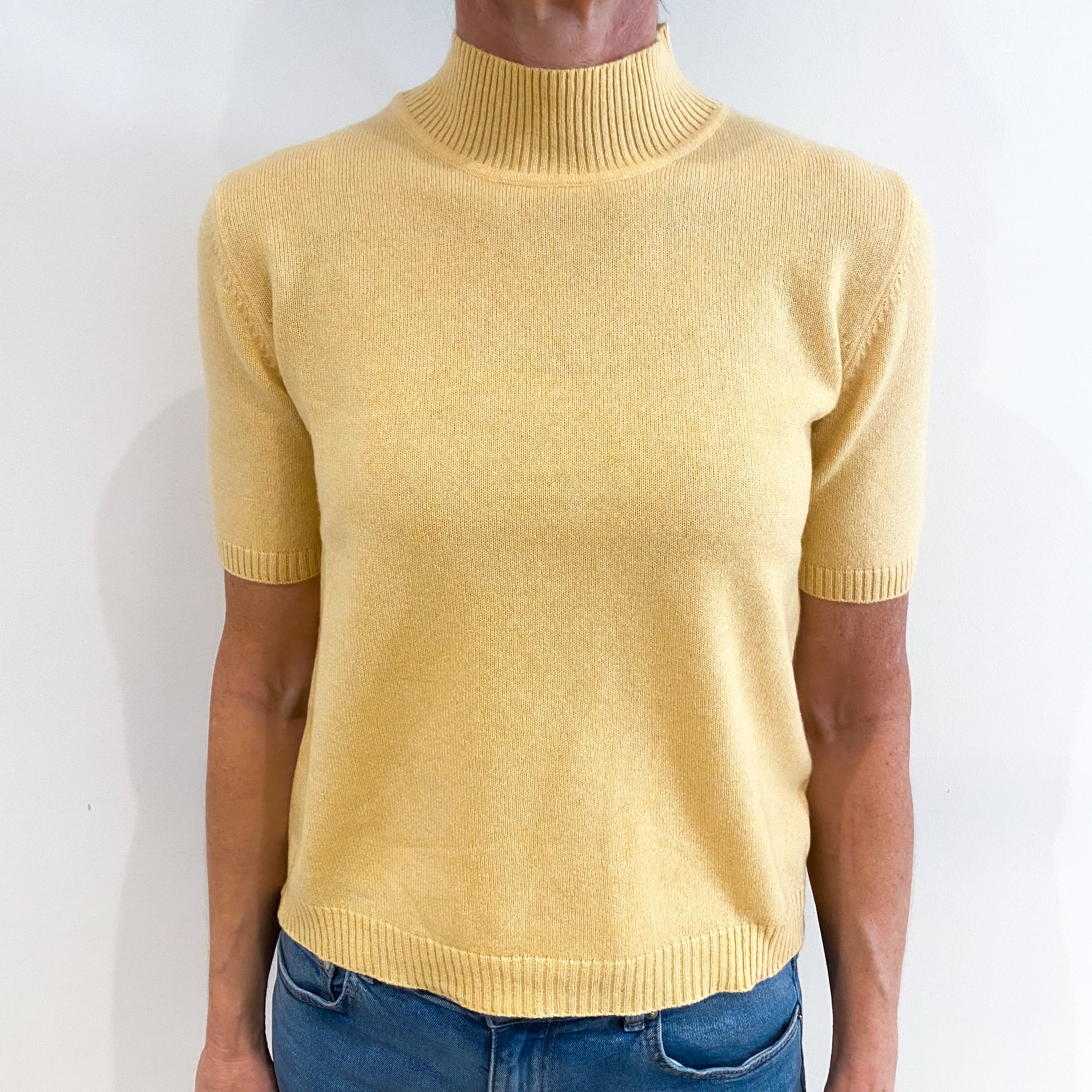 Deep Custard Yellow Cashmere Short Sleeve Turtle Neck Jumper Small