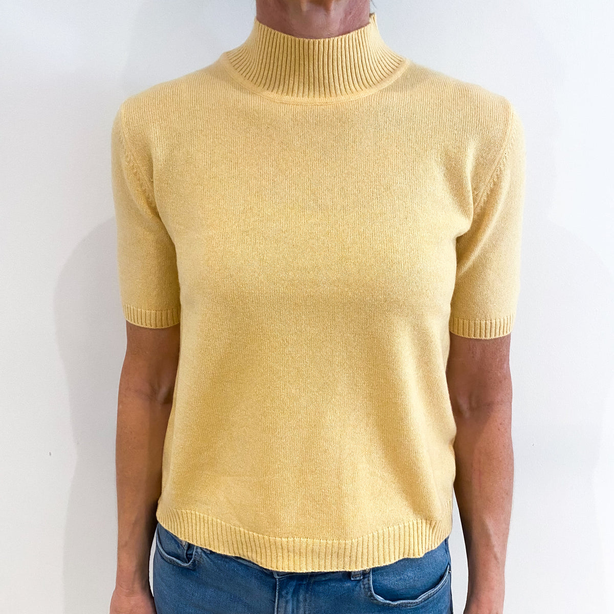 Deep Custard Yellow Cashmere Short Sleeve Turtle Neck Jumper Small