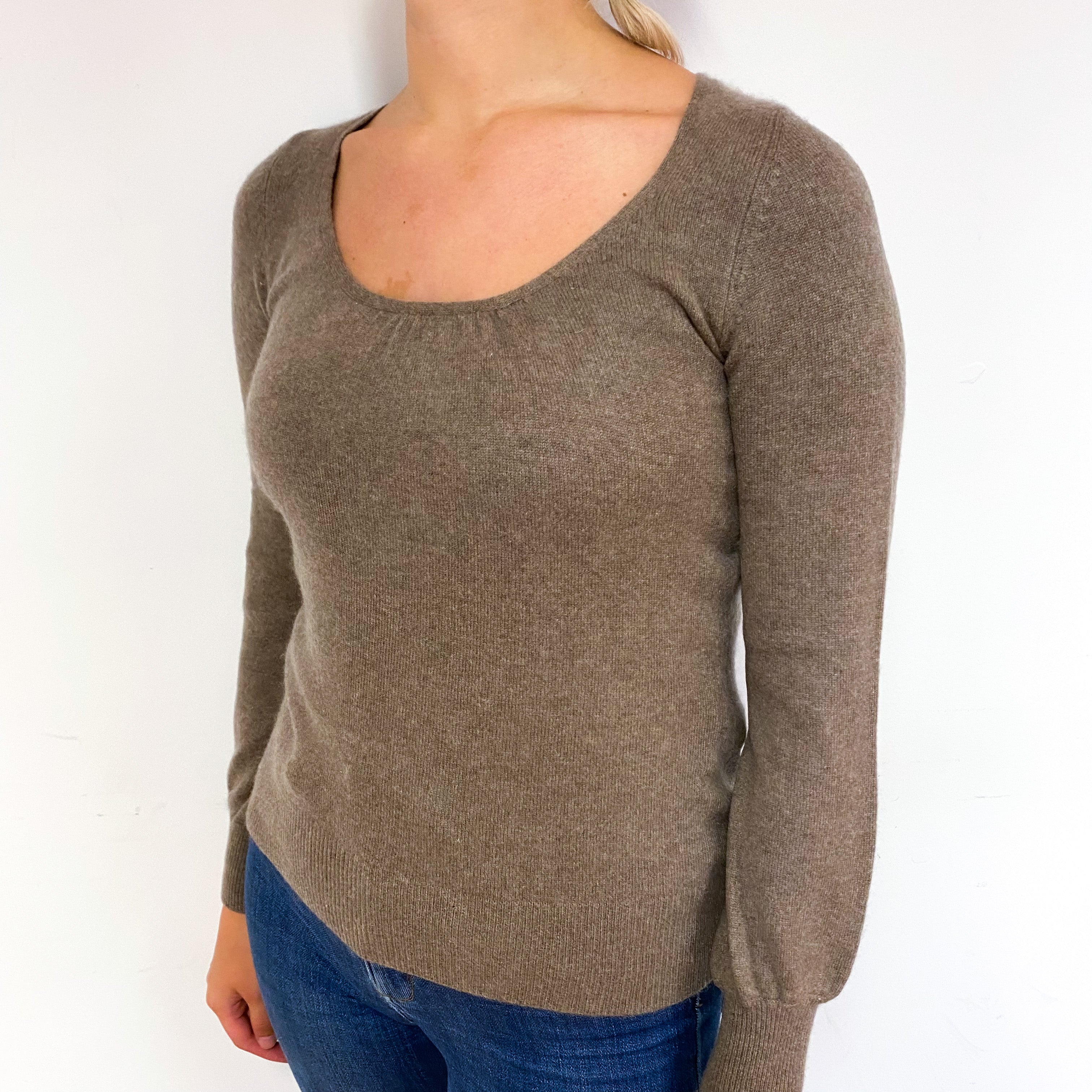 Mocha Brown Cashmere Gathered Scoop Neck Jumper Small