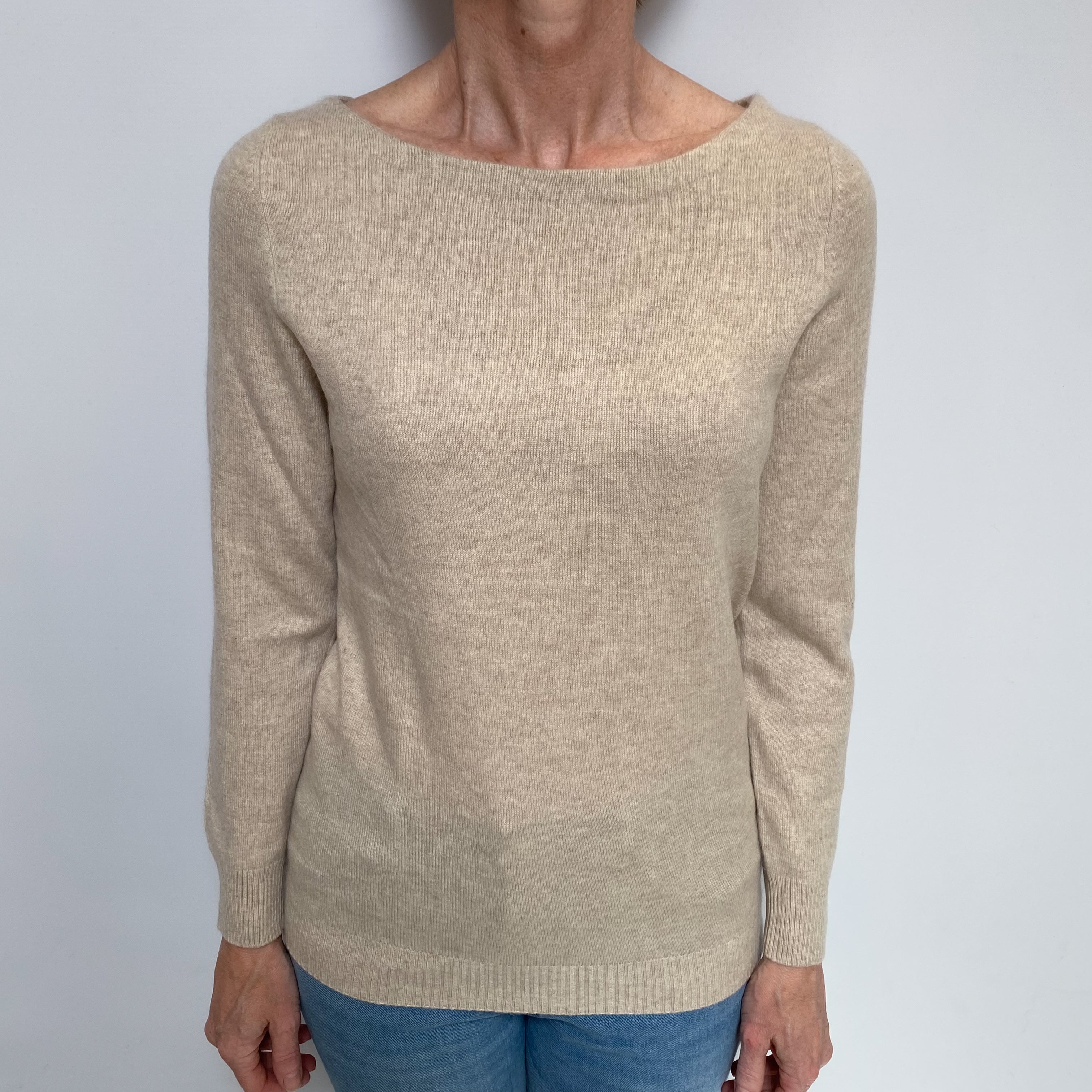 Oatmeal Cashmere Wide Boat Neck Jumper Small