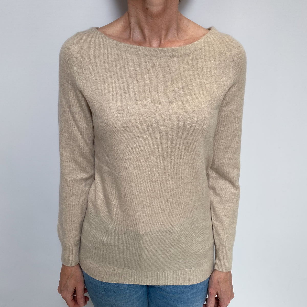 Oatmeal Cashmere Wide Boat Neck Jumper Small