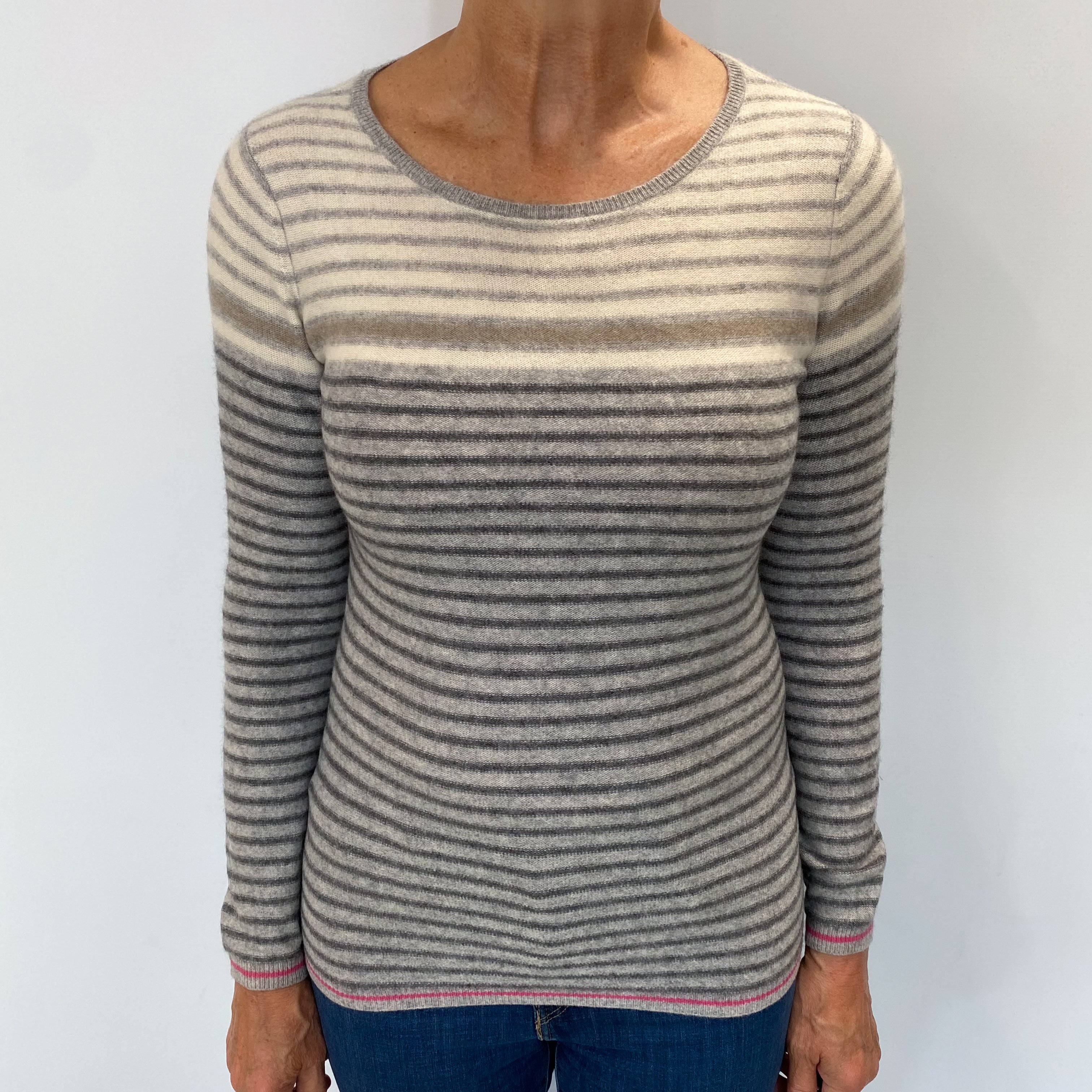 Grey and Cream Stripe Cashmere Crew Neck Jumper Medium