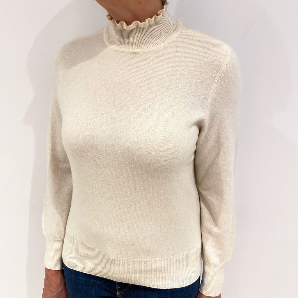 Ivory Cashmere Ruffle Trim Turtle Neck Jumper Medium