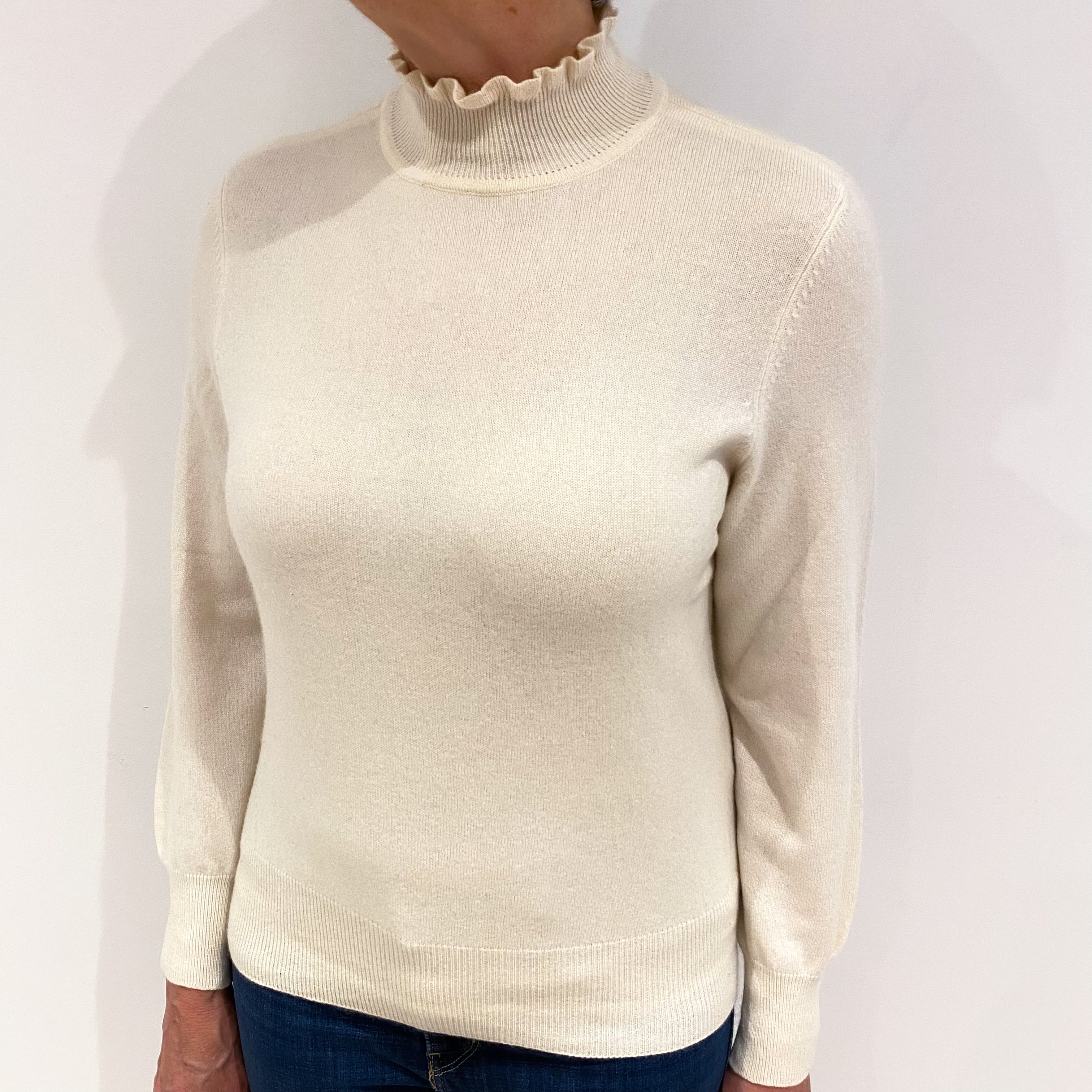 Ivory Cashmere Ruffle Trim Turtle Neck Jumper Medium