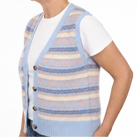 Brand New Baby Blue and Shell Pink Fair Isle Luxury Cashmere V Neck Waistcoat Medium UK 12-14