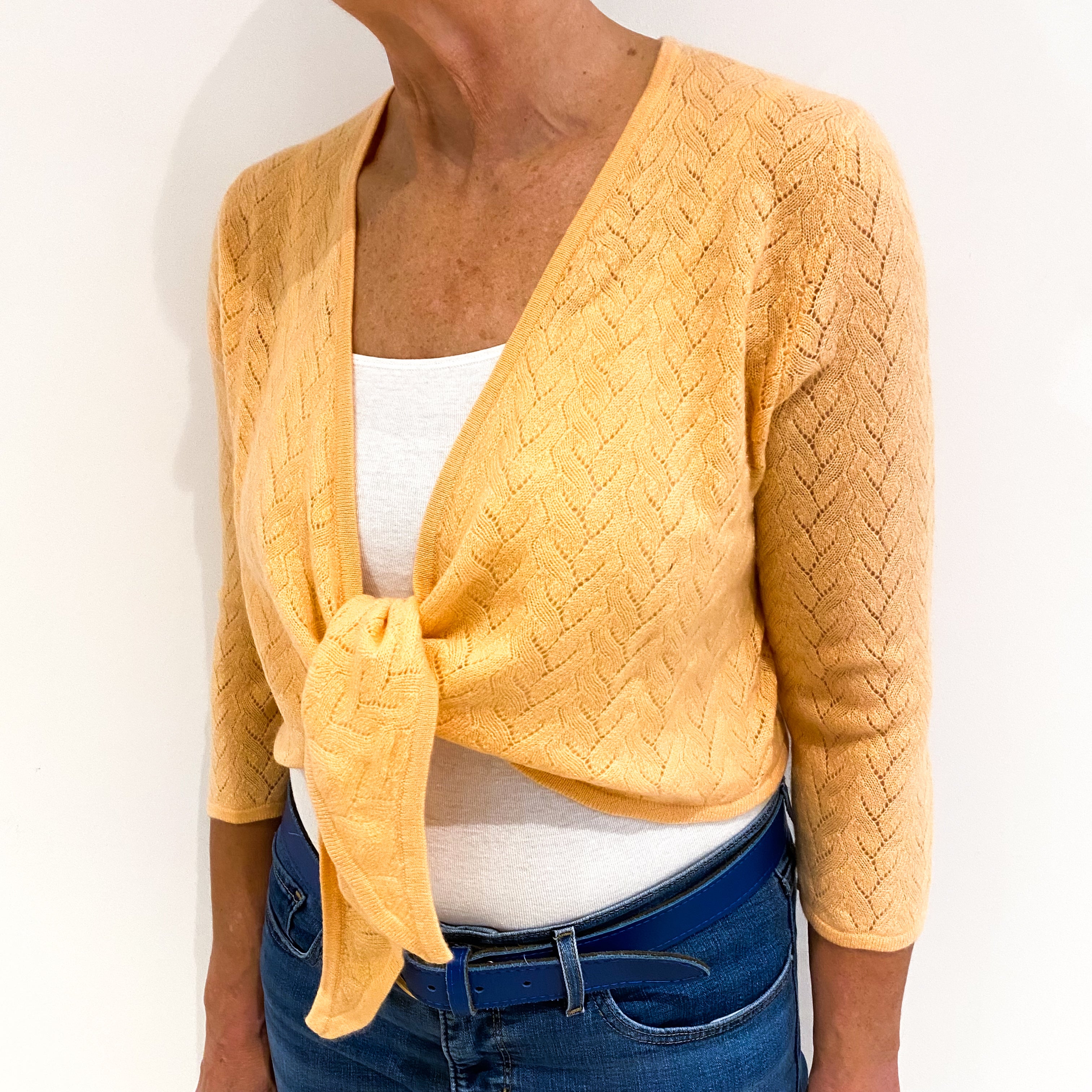 Pale Orange Lace Knit Cashmere Cross Over Cardigan Medium