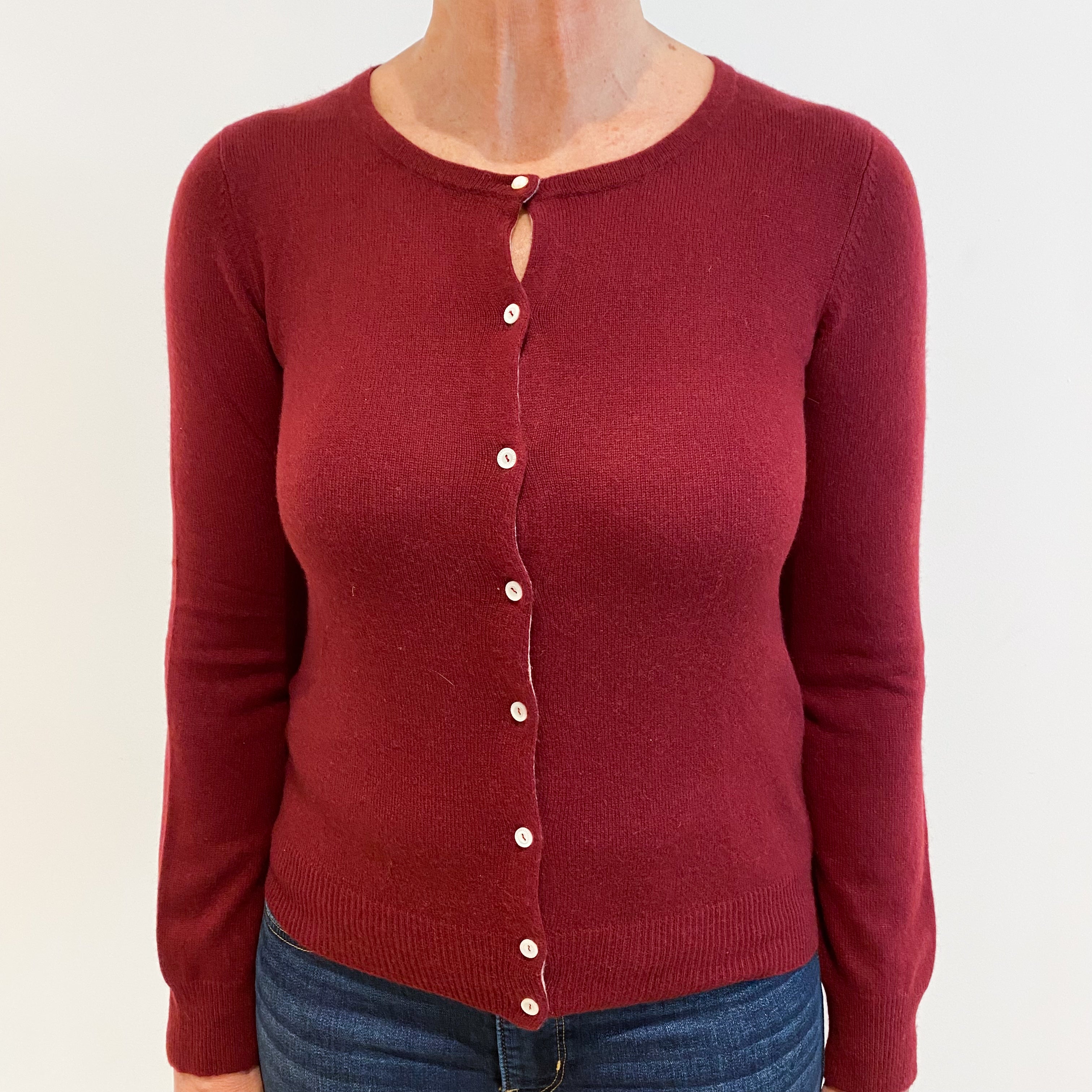 Burgundy Red Cashmere Crew Neck Cardigan Medium