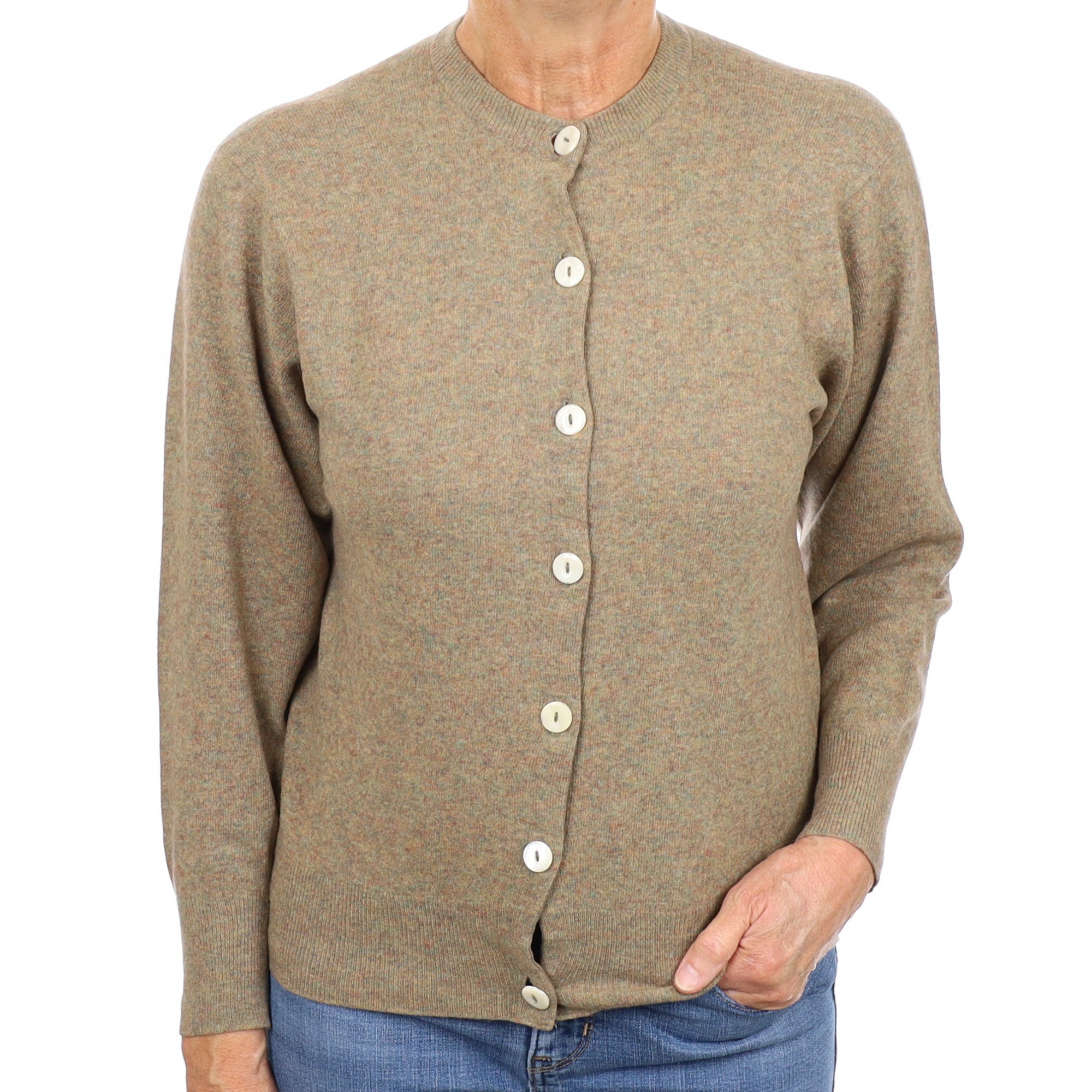 Scottish Khaki Green Marl Cashmere Crew Neck Cardigan Medium