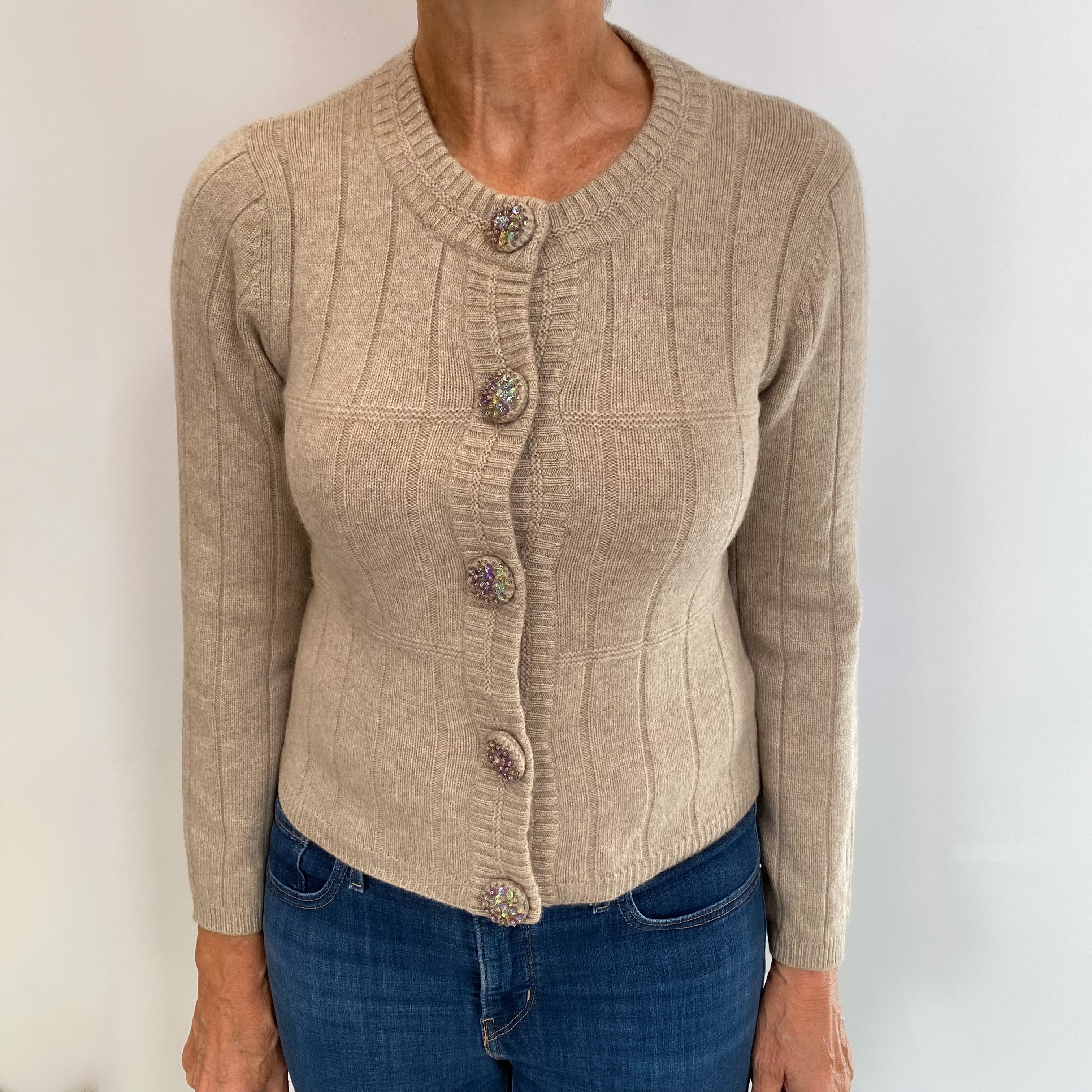 Fawn Brown Cashmere Crew Neck Cardigan Medium