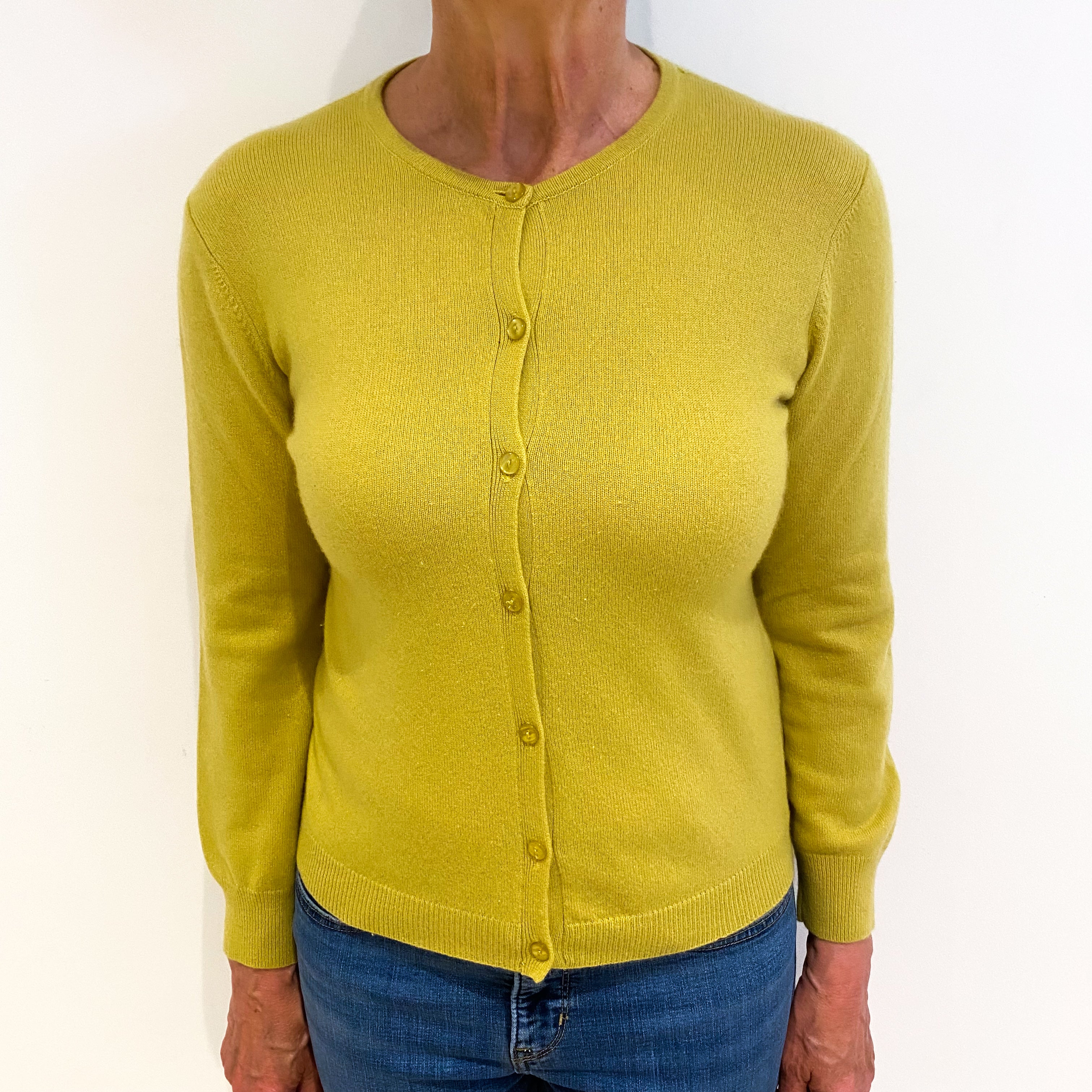 Flaxen Yellow Cashmere Crew Neck Cardigan Medium